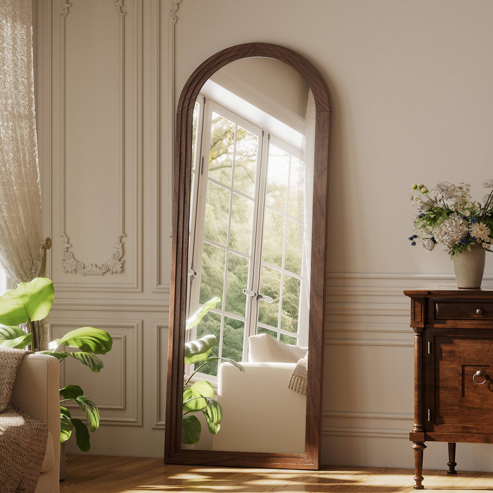 Angle. Easly - Antique Brown 22 in. W x 65 in. H Arched Wood Framed Full Length Floor Mirror - Walnut.