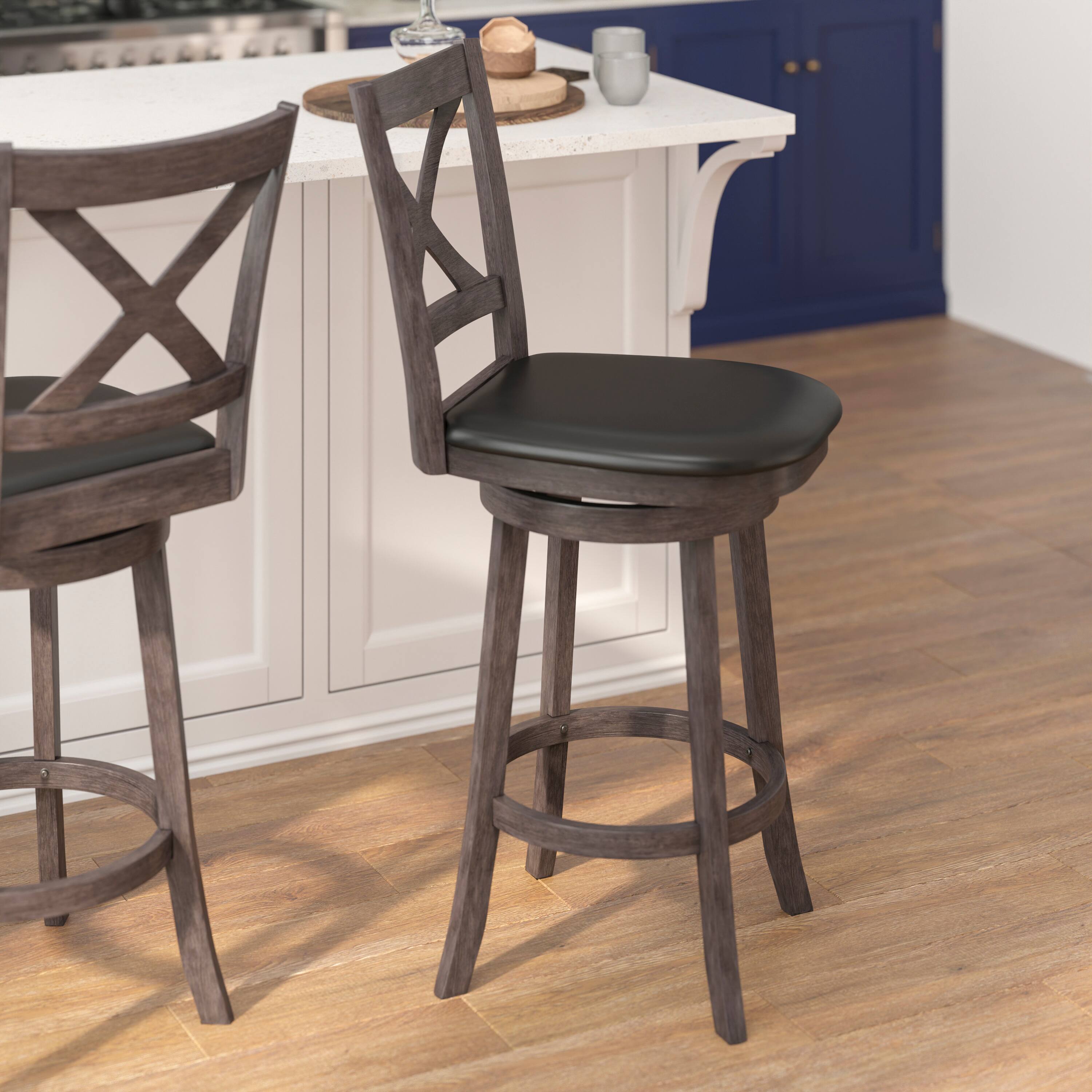 Alt View 2. Flash Furniture - Felicity Commercial Grade Wood Classic Crossback Swivel Bar Height Barstool with Padded Black LeatherSoft Seat, Gray Was - Gray.