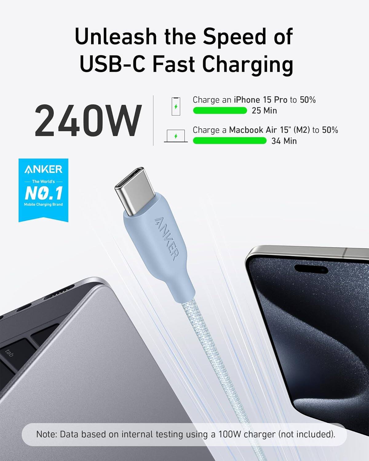 Unleash the Speed of USB-C Fast Charging

Charge an iPhone 15 Pro to 50% in 25 Min

Charge a MacBook Air 15" (M2) to 50% in 34 Min

ANKER - The World's No.1 Mobile Charging Brand

Note: Data based on internal testing using a 100W charger (not included).