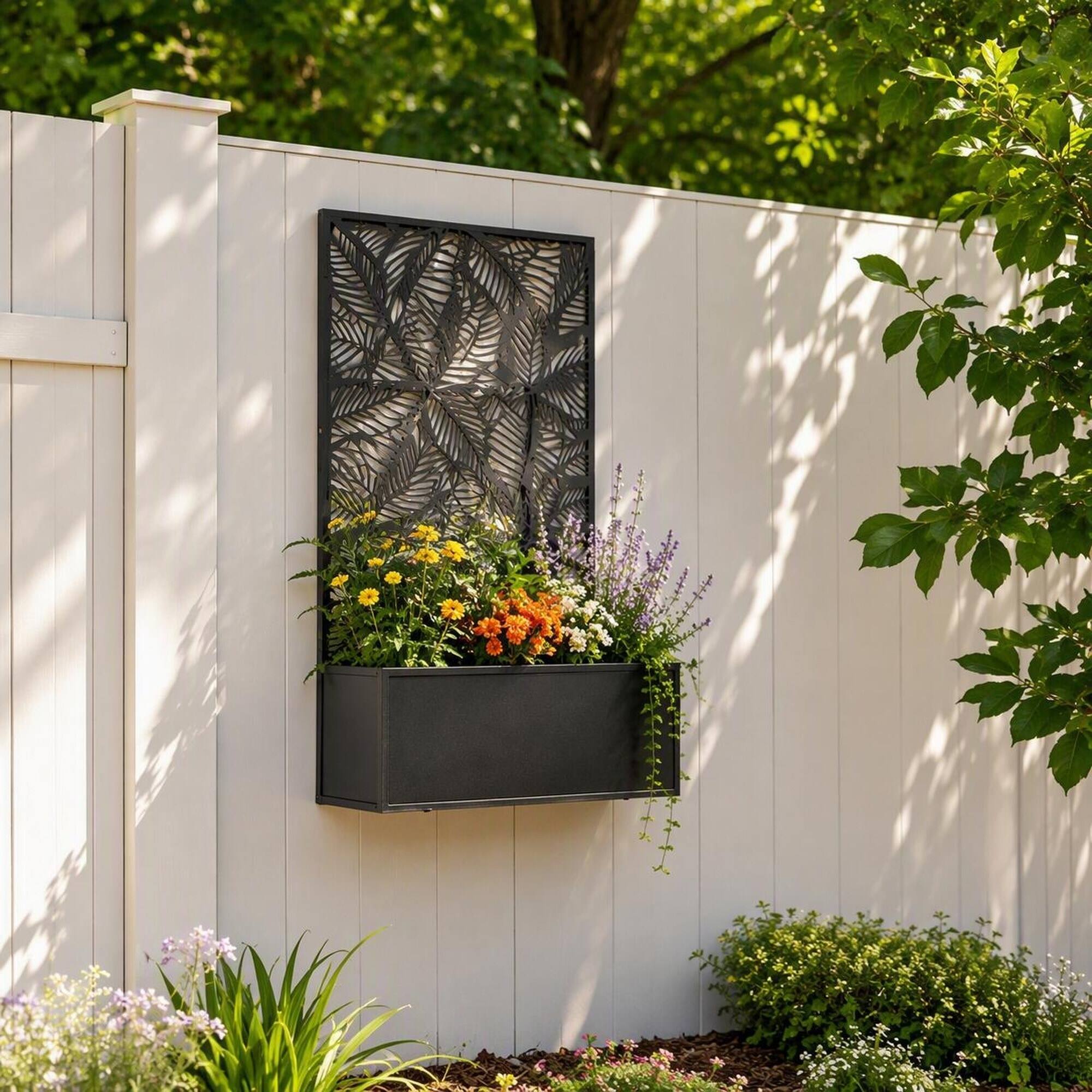 Back. RYHNUYNE - Wall Mounted Metal Raised Garden Bed with Decorative Privacy Panel Trellis, 24 Inch Black Planter Box for Climbing - Black.