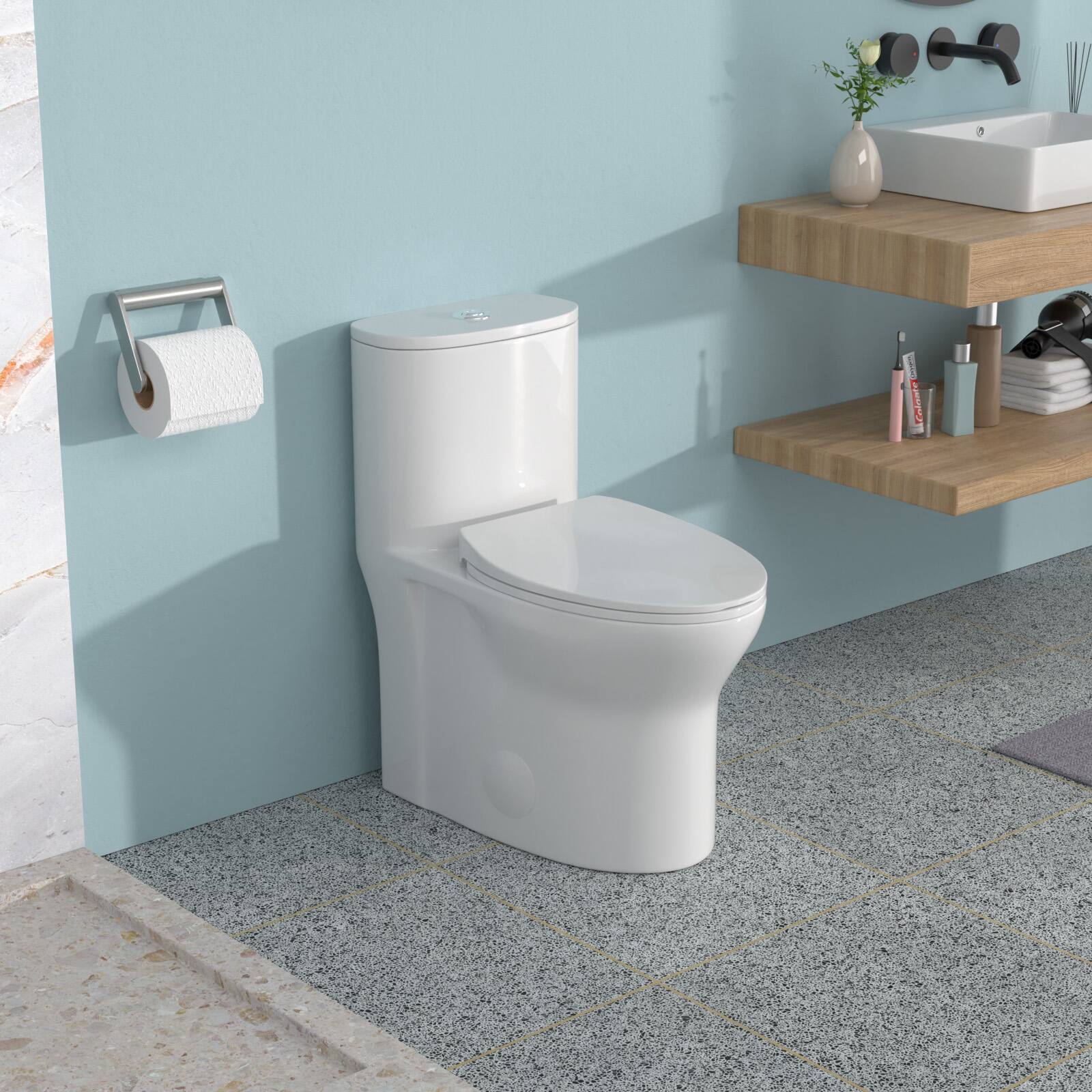 Left. TinyHomie - Ceramic One Piece Toilet for Bathroom 12 inch Rough In 1116 GPF Dual Flush with Soft Closing Seat Powerful Dual Flush - White.