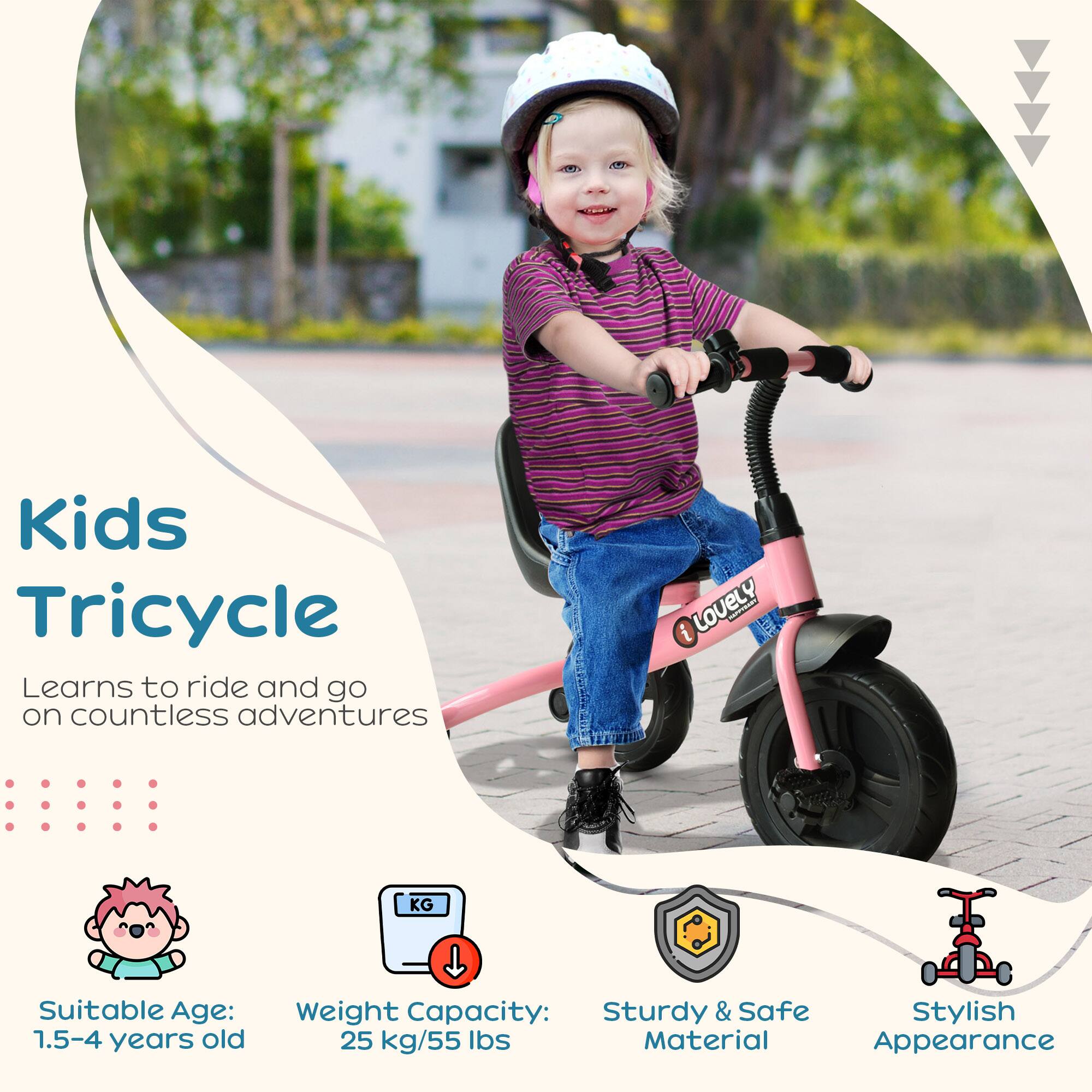 Kids Tricycle  
Learns to ride and go on countless adventures  

Suitable Age: 1.5-4 years old  
Weight Capacity: 25 kg/55 lbs  
Sturdy & Safe Material  
Stylish Appearance