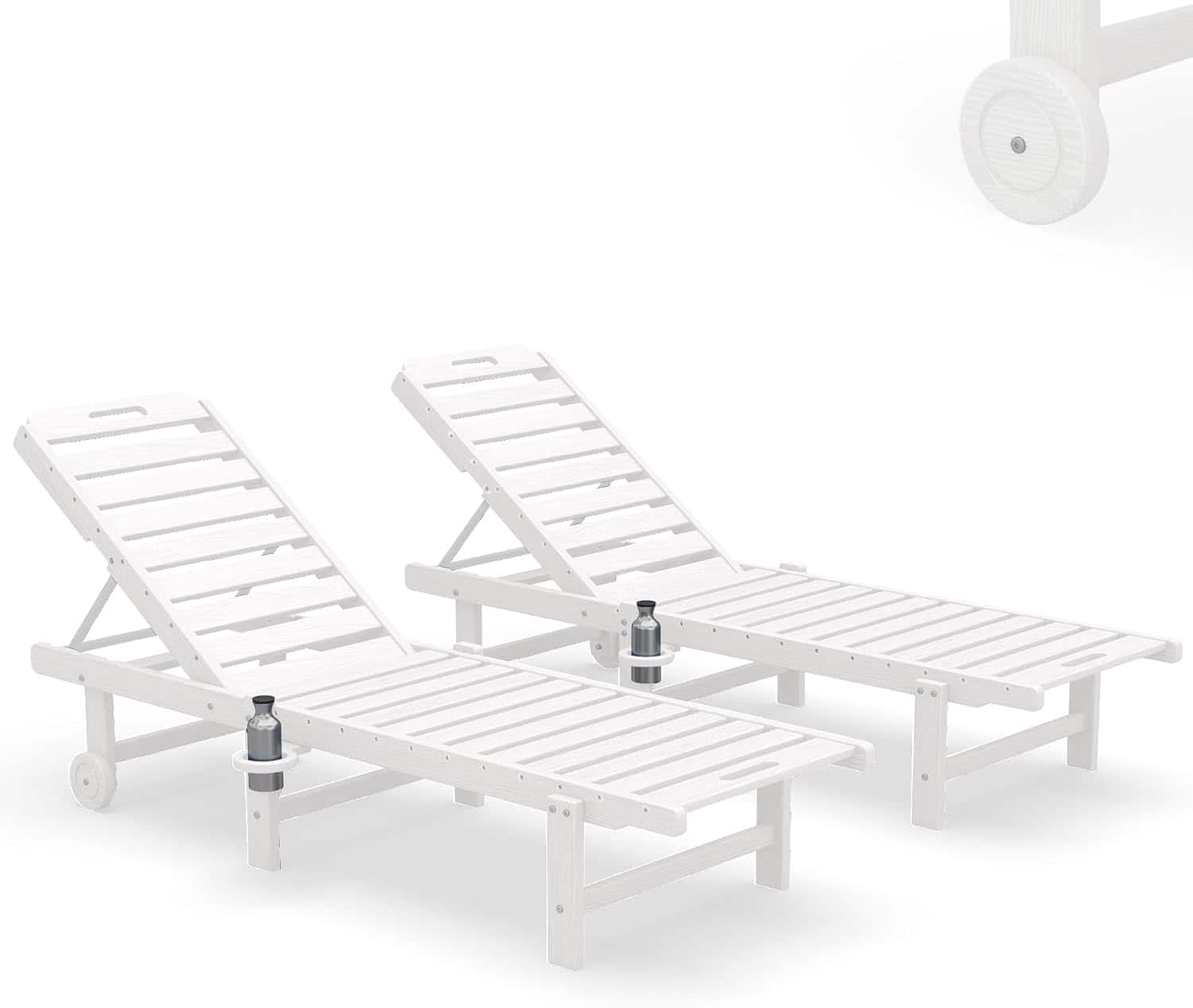 SERWALL - Outdoor Armless Chaise Lounge Chairs Set of 2 with Cupholder and Wheels - White