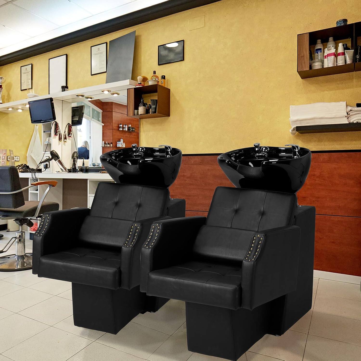 Alt View 4. Winado - Salon Shampoo Backwash Chair with Adjustable Tilting Shampoo Bowl and Neck Rest Cushion for Barbershop Beauty Spa Tattoo - Black.