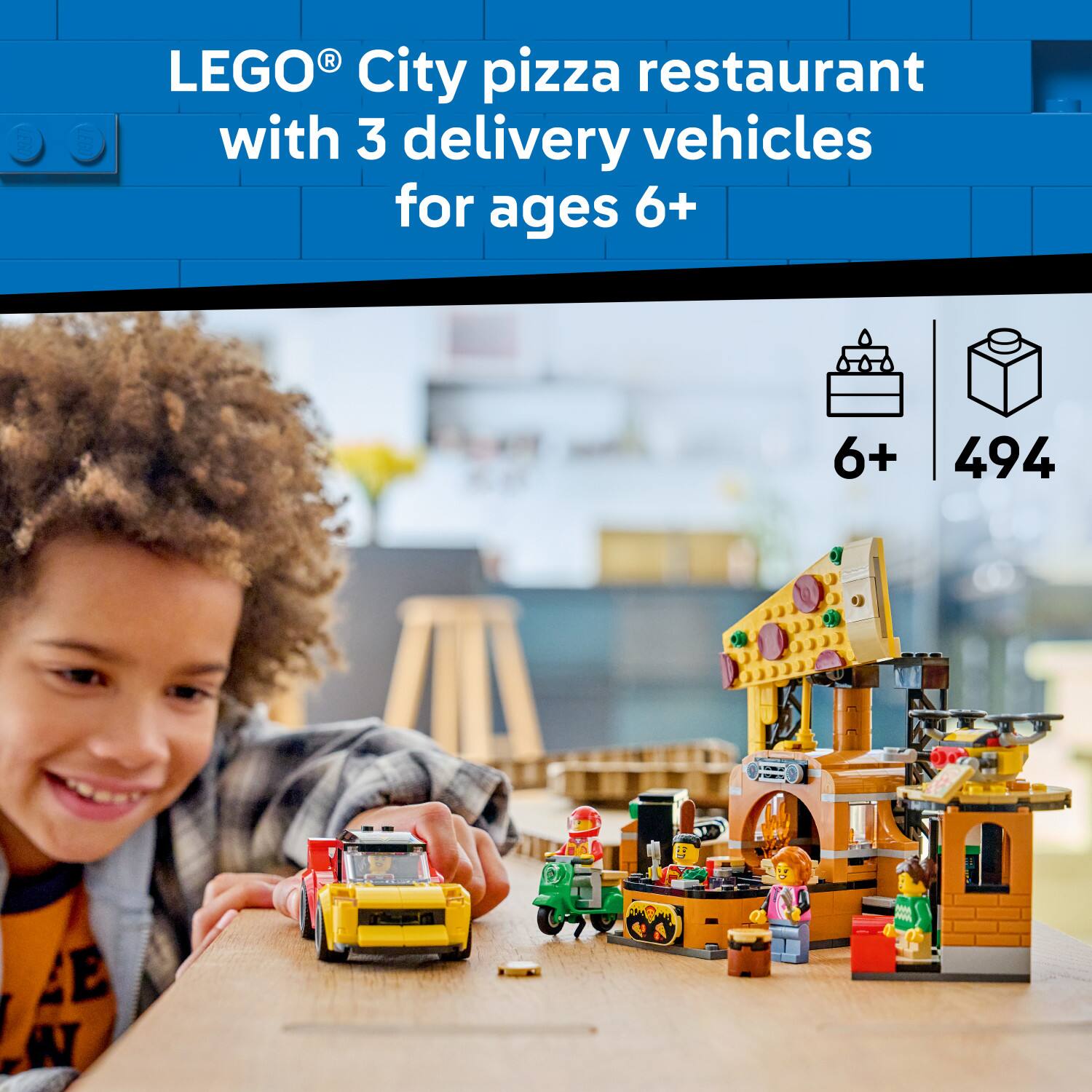 LEGO City pizza restaurant with 3 delivery vehicles for ages 6+  
6+ 494