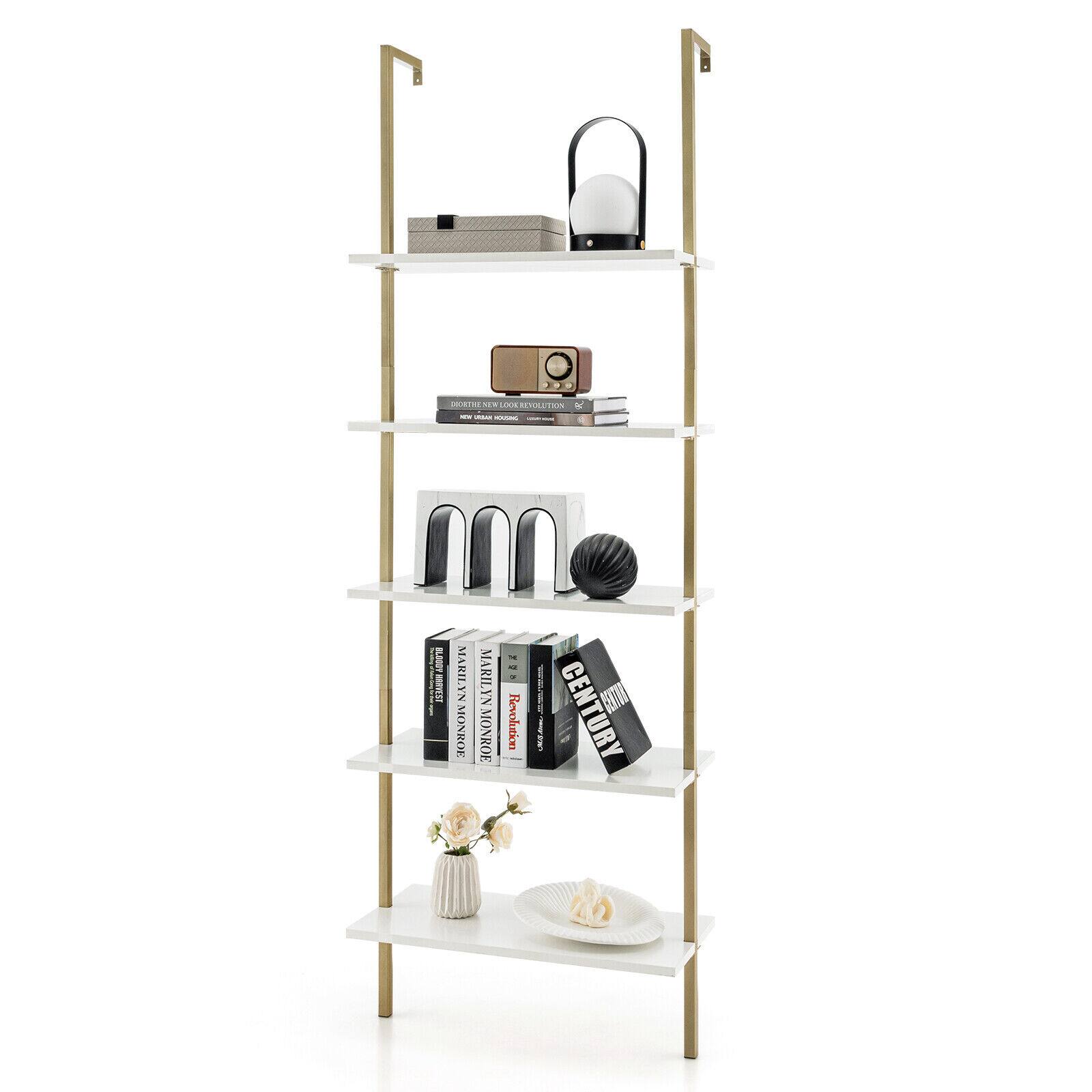 Ecooso - 5 Tier Ladder Shelf Wall-Mounted Bookcase with Steel Frame - White