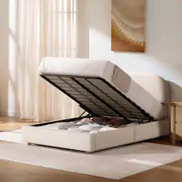 ModernMate - Upholstered Platform Bed with Adjustable Headboard, Hydraulic Lift Storage Bed - Begie