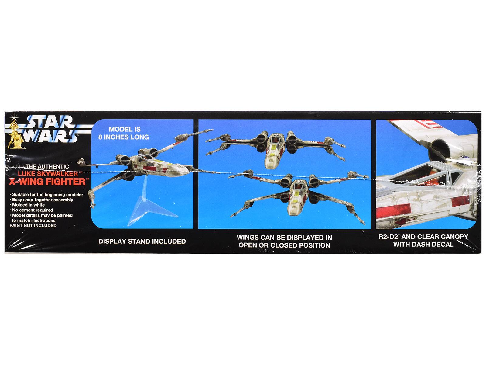 STAR WARS  
MODEL IS 8 INCHES LONG  

THE AUTHENTIC  
LUKE SKYWALKER X-WING FIGHTER  
- Suitable for the beginning modeler  
- Easy snap-together assembly  
- Molded in white  
- No cement required  
- Model details may be painted to match illustrations  
- PAINT NOT INCLUDED  
- DISPLAY STAND INCLUDED  
- WINGS CAN BE DISPLAYED IN OPEN OR CLOSED POSITION  
- R2-D2 AND CLEAR CANOPY WITH DASH DECAL