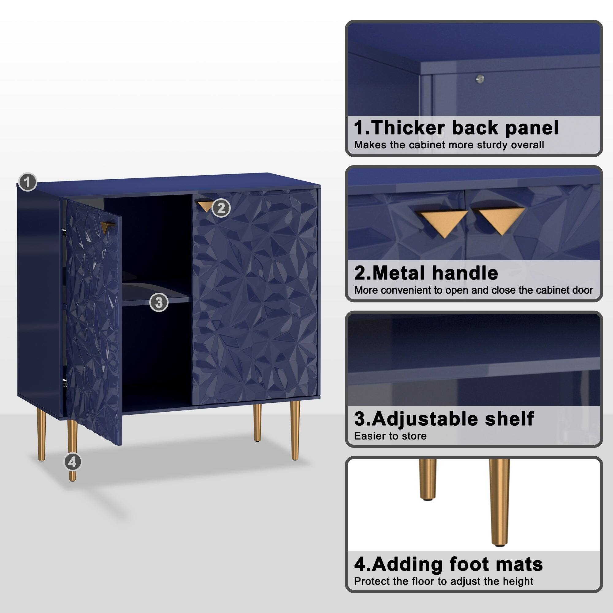 1. Thicker back panel Makes the cabinet more sturdy overall
2. Metal handle More convenient to open and close the cabinet door
3. Adjustable shelf Easier to store
4. Adding foot mats Protect the floor to adjust the height