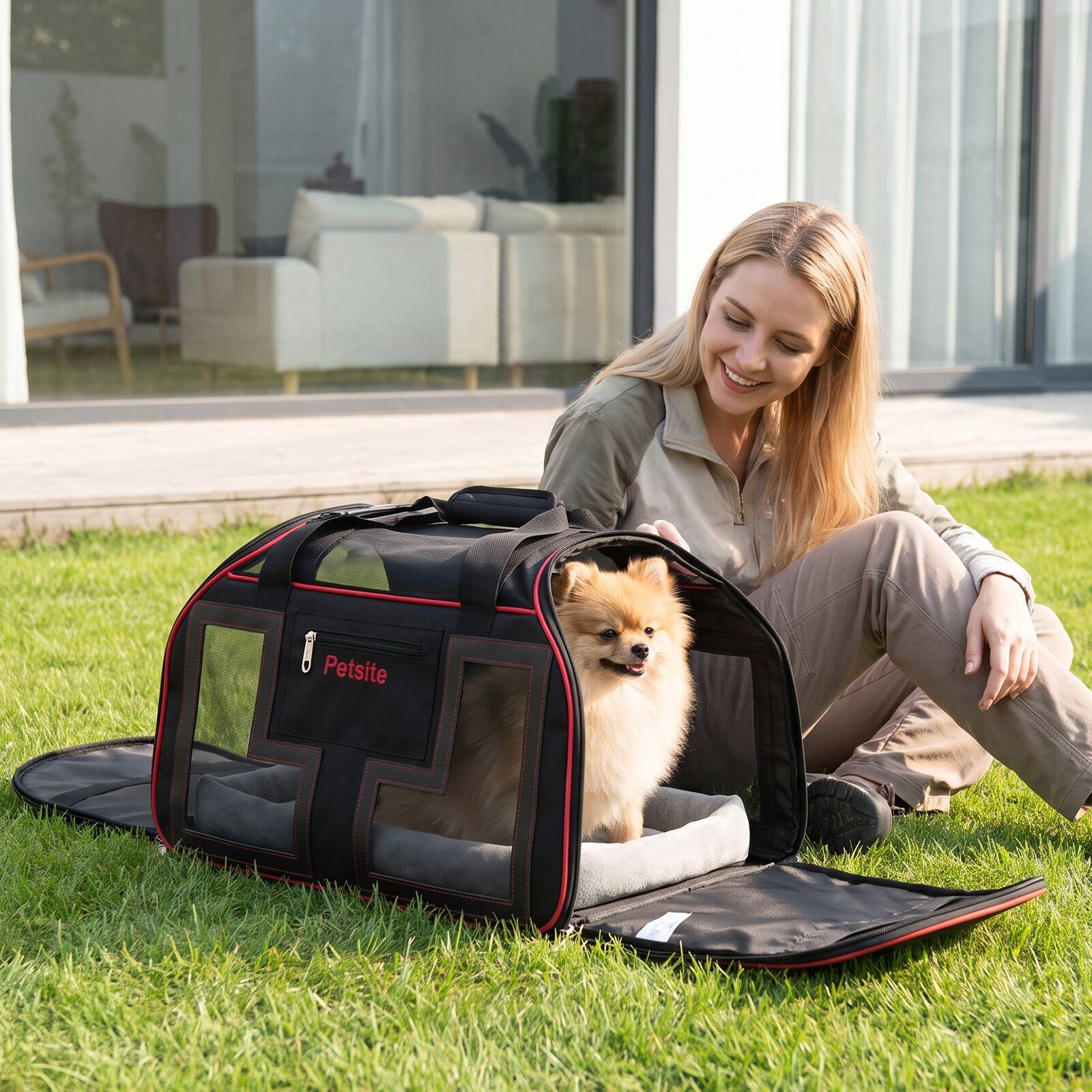 Alt View 3. Costway - Costway Rolling Pet Carrier with Wheels Padded Carry Handle Telescopic Handle Safety Leash - Black + Red.