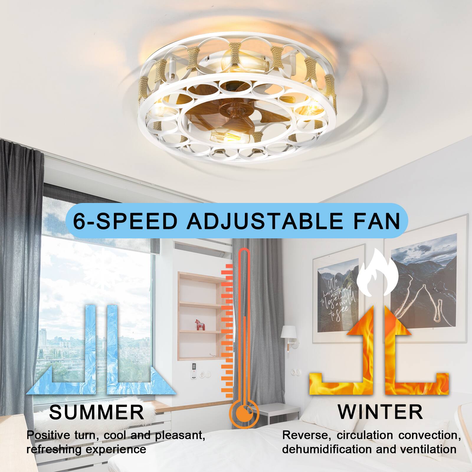 6-SPEED ADJUSTABLE FAN

SUMMER
Positive turn, cool and pleasant, refreshing experience

WINTER
Reverse, circulation convection, dehumidification and ventilation