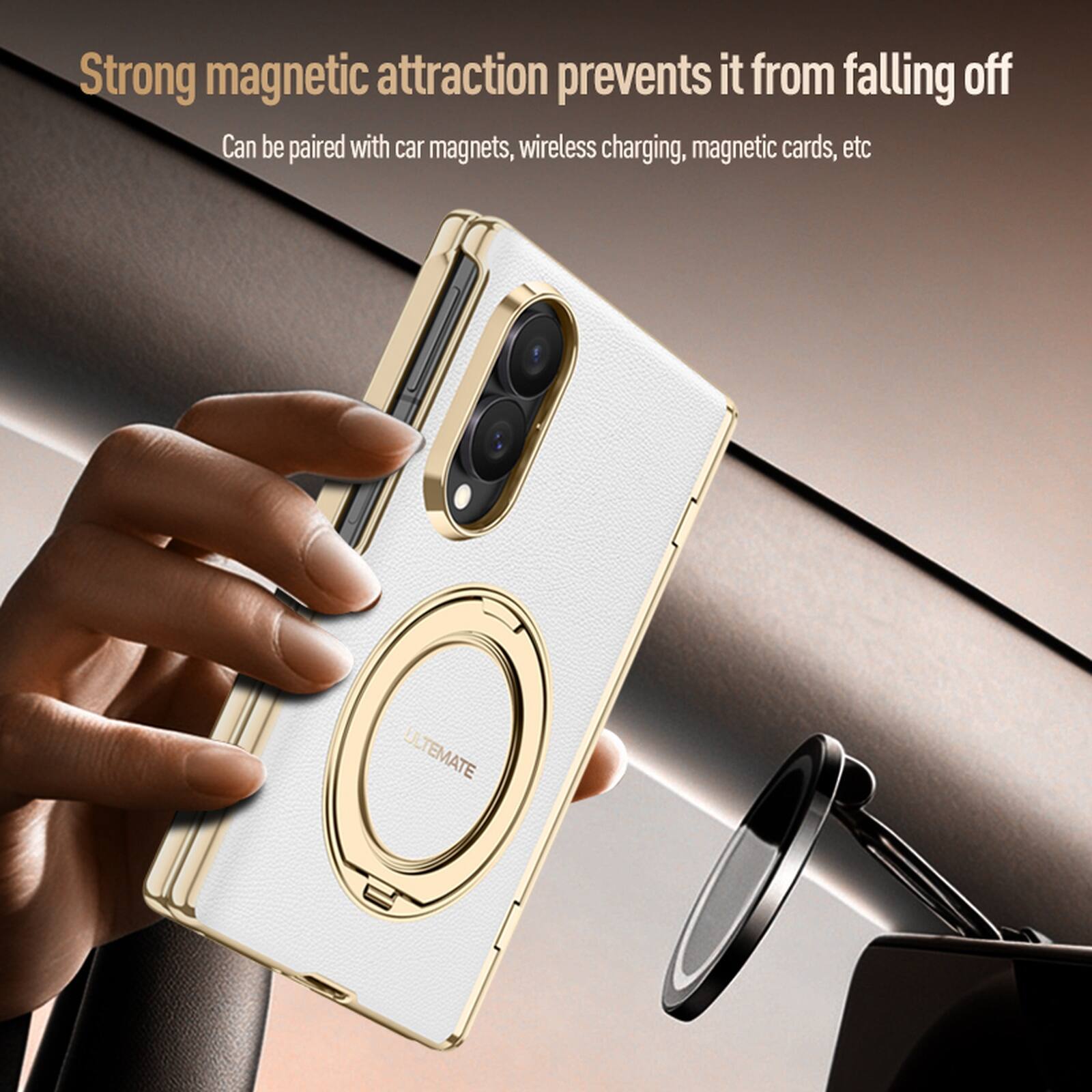 Strong magnetic attraction prevents it from falling off. Can be paired with car magnets, wireless charging, magnetic cards, etc. ULTIMATE