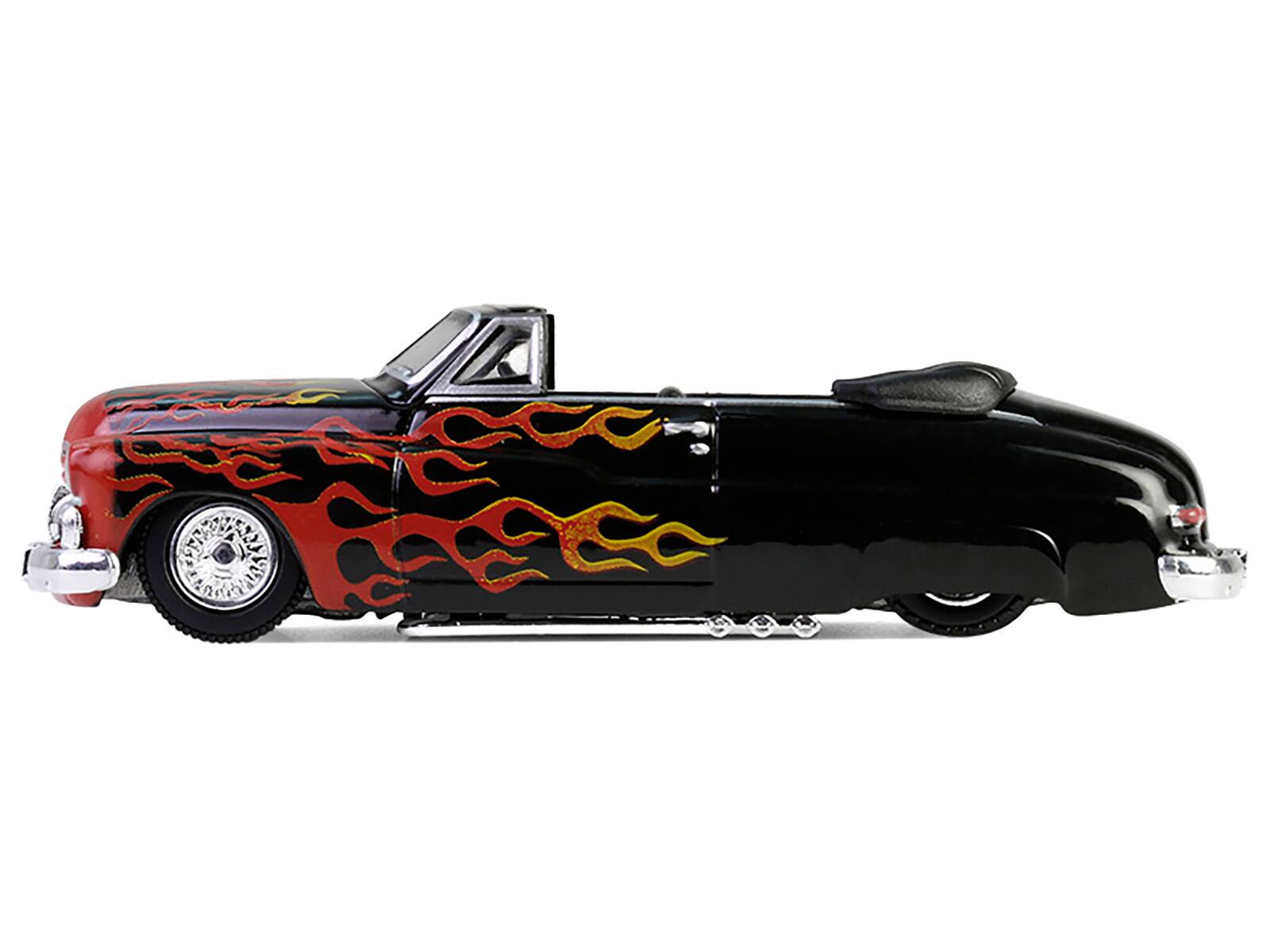 Angle. Greenlight - 1950 Mercury Eight Convertible Lowrider Black with Flames "Menacing Monica" "Garbage Pail Kids" Series 7 1/64 - Black.