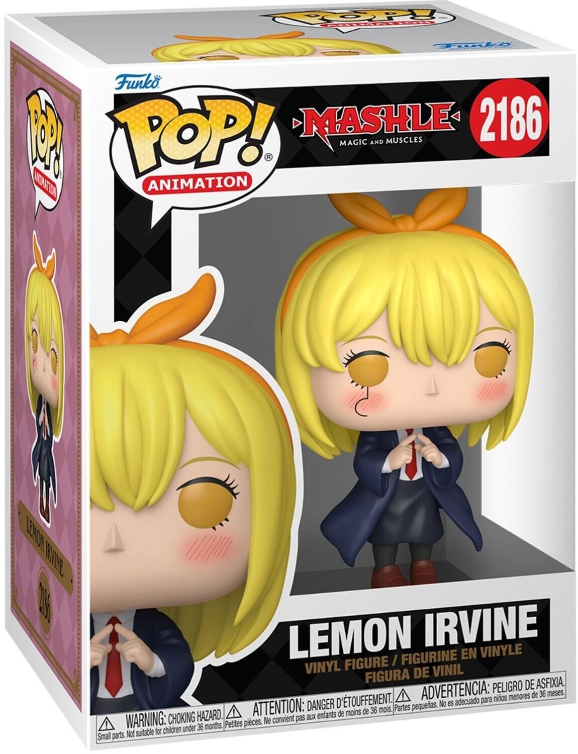 Funko POP! Animation  
Mashle Magic and Muscles  
2186  
Lemon Irvine  
Vinyl Figure / Figurine en Vinyle / Figura de Vinil  

Warning: Choking Hazard. Small parts. Not suitable for children under 36 months.  
Attention: Danger d'étouffement. Petites pièces. Ne convient pas aux enfants de moins de 36 mois.  
Advertencia: Peligro de asfixia. Partes pequeñas. No es adecuado para niños menores de 36 meses.