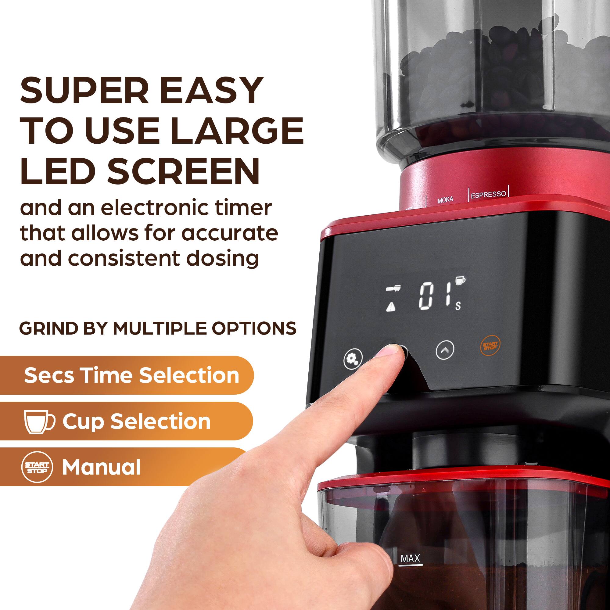 Zulay Kitchen - Conical Espresso Burr Coffee Grinder - Touchscreen, 51 Bean Grind Settings, Precision Electric Timer - Red - Thumbnail 5