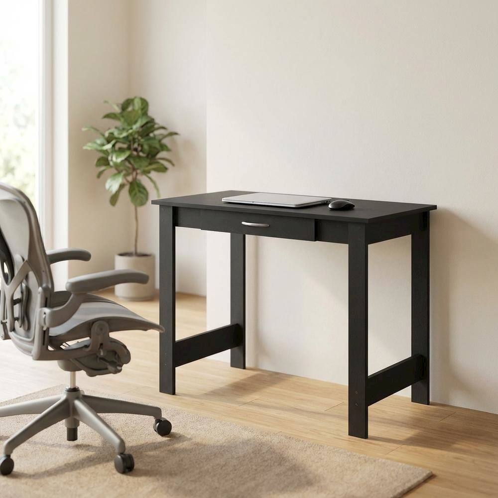 Angle. BisonOffice - Darkwood Office Desk With H-Legs And Drawer For Workspace - Brown.