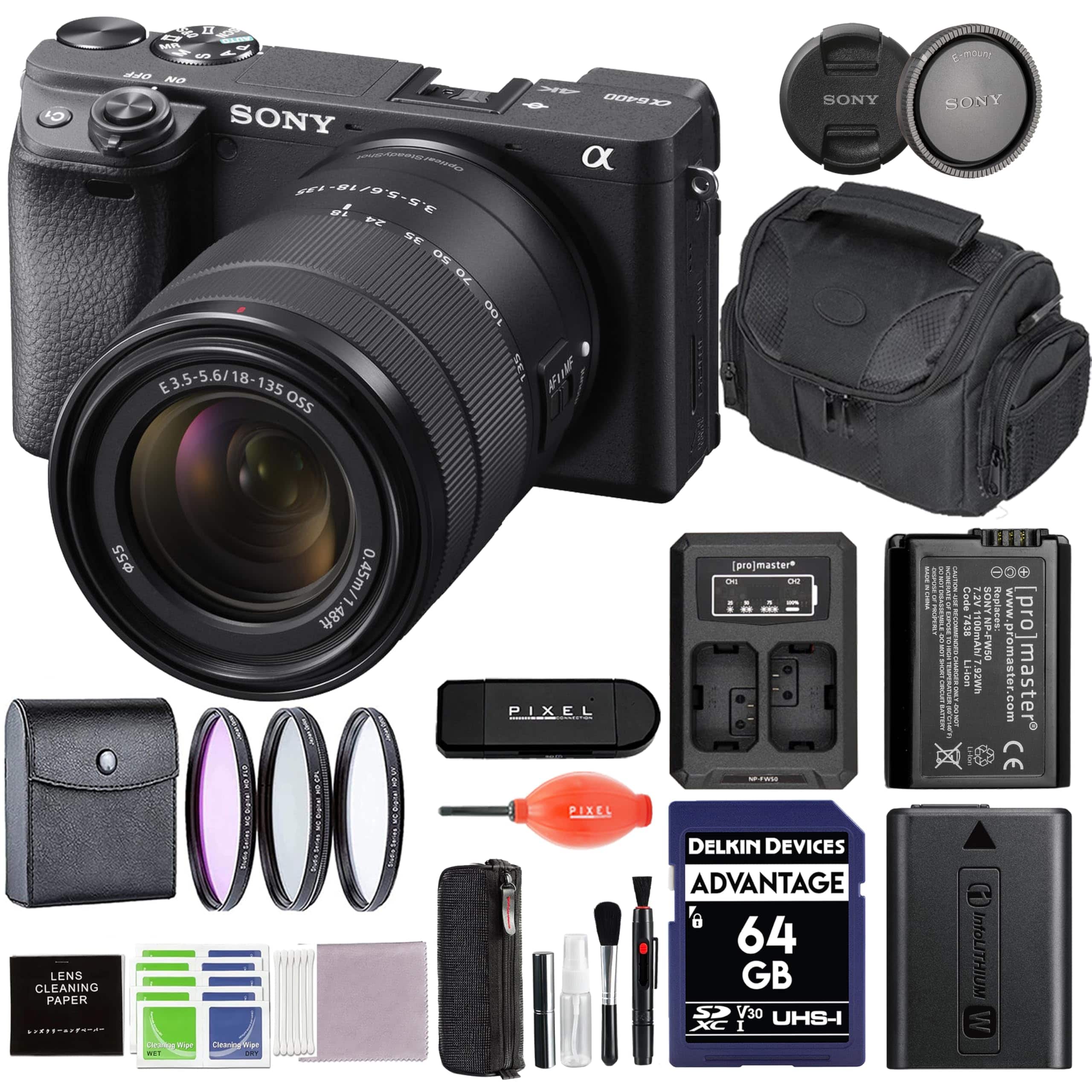 Sony - a6400 Mirrorless Camera with 18-135mm f/3.5-5.6 Lens Bundle with Extra Battery & Charger, Gadget Bag, & Accessories