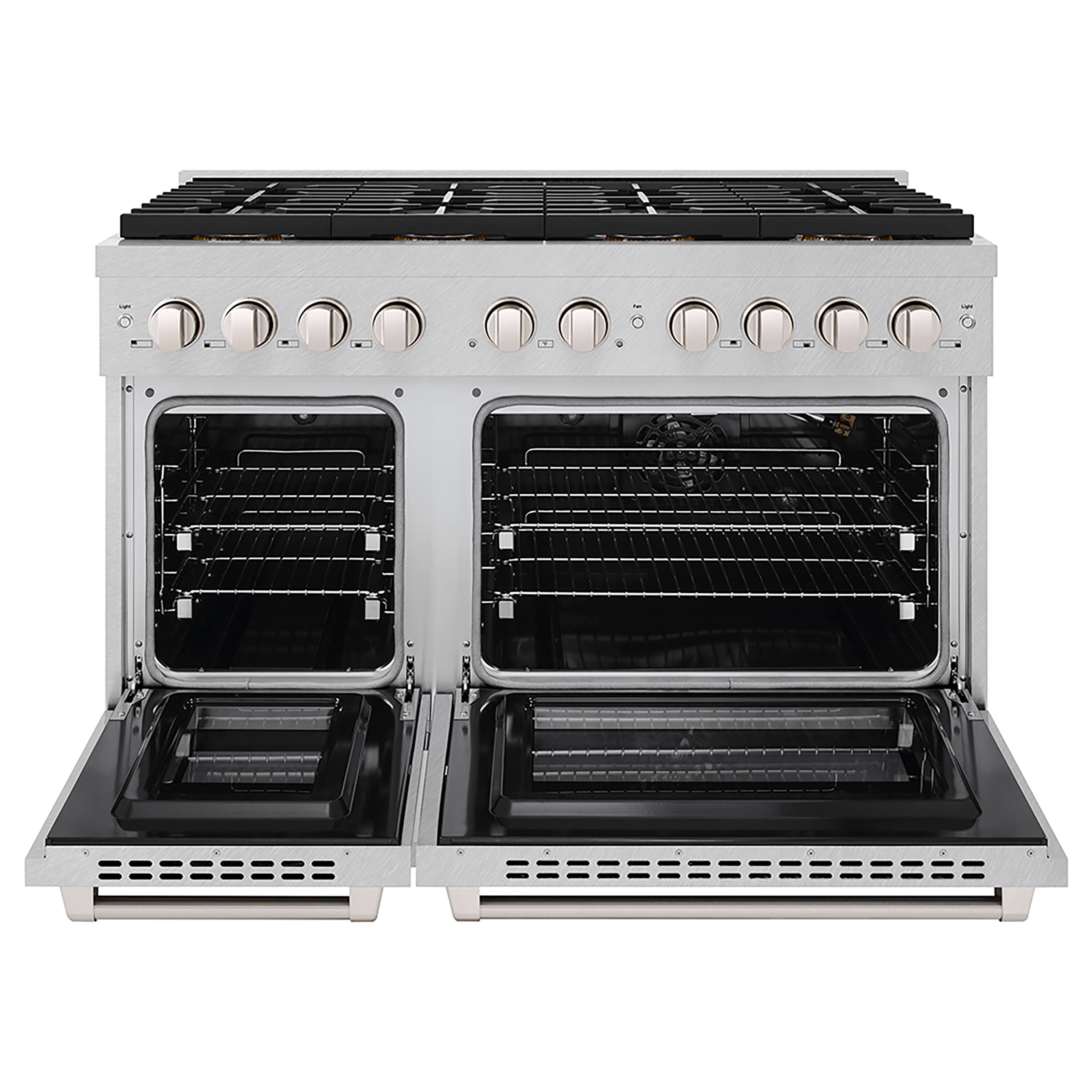 Angle. ZLINE - ZLINE 48 in. 6.7 cu. ft. Freestanding Paramount Gas Range with 8 Burner DuoPro Cooktop and Dual Ovens in Satin Steel - Stainless Steel.
