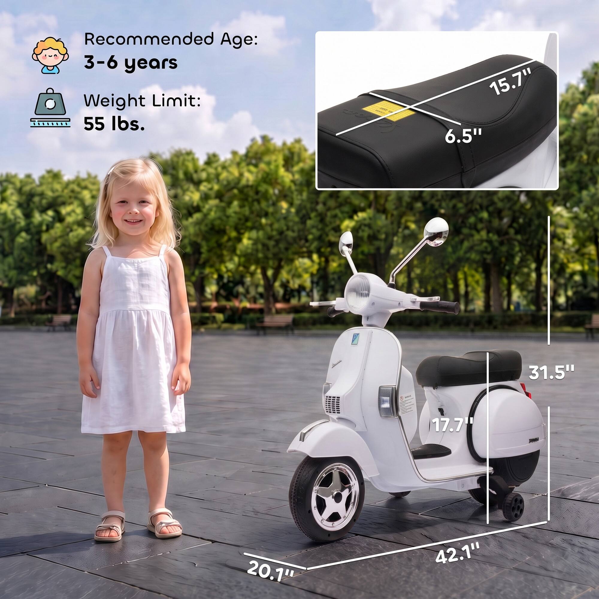 Recommended Age: 3-6 years  
Weight Limit: 55 lbs.  

15.7"  
6.5"  
31.5"  
17.7"  
20.1"  
42.1"