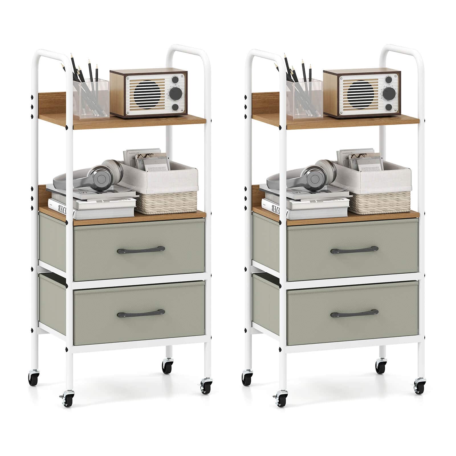 Costway - 2 PCS Rolling Utility Storage Cart with 2 Open Shelves 2 Fabric Drawers for Bedroom - Natural, Gray, White