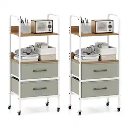 Costway - 2 PCS Rolling Utility Storage Cart with 2 Open Shelves 2 Fabric Drawers for Bedroom - Natural, Gray, White