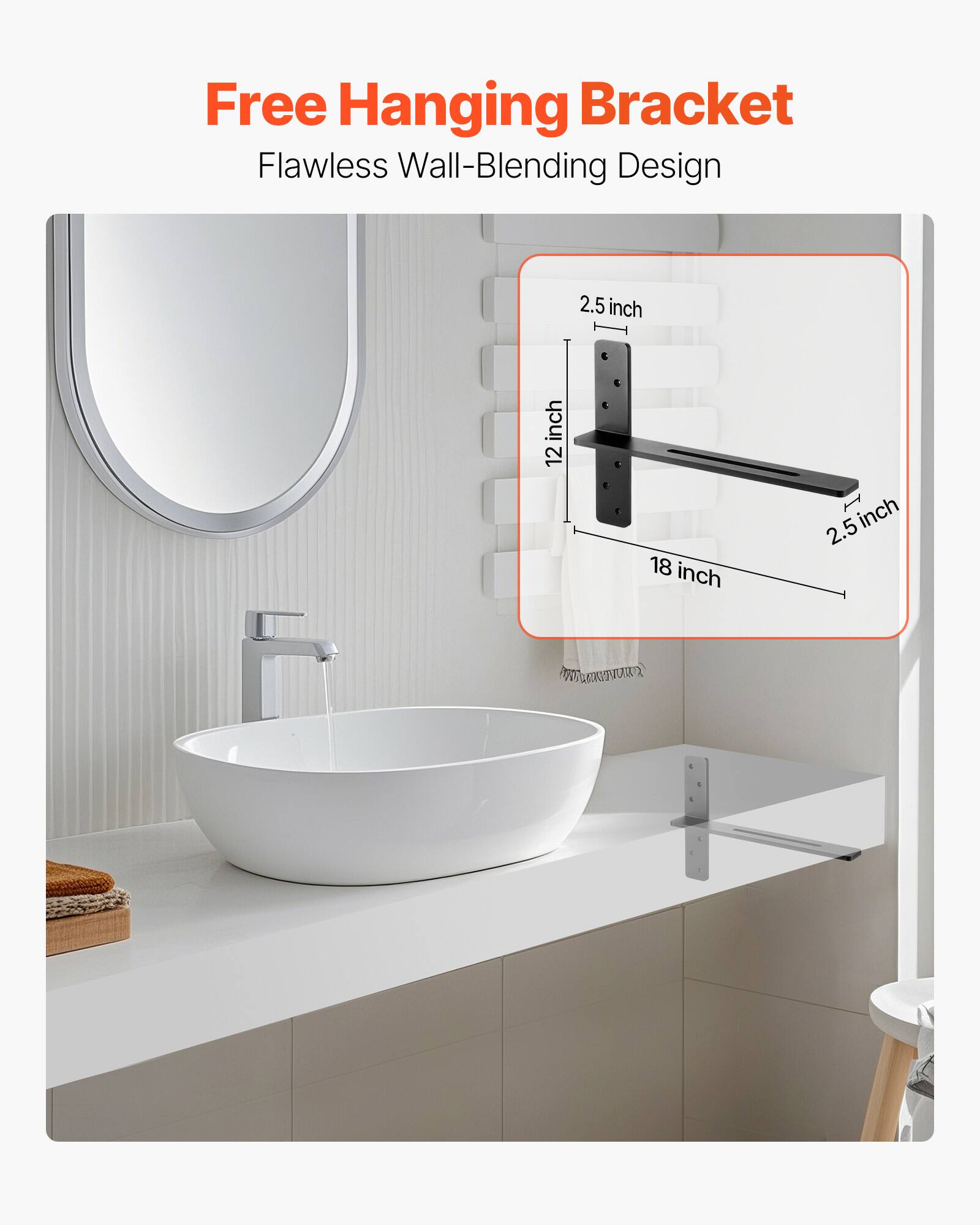 Free Hanging Bracket, Flawless Wall-Blending Design, 2.5 inch, 12 inch, 18 inch, 2.5 inch