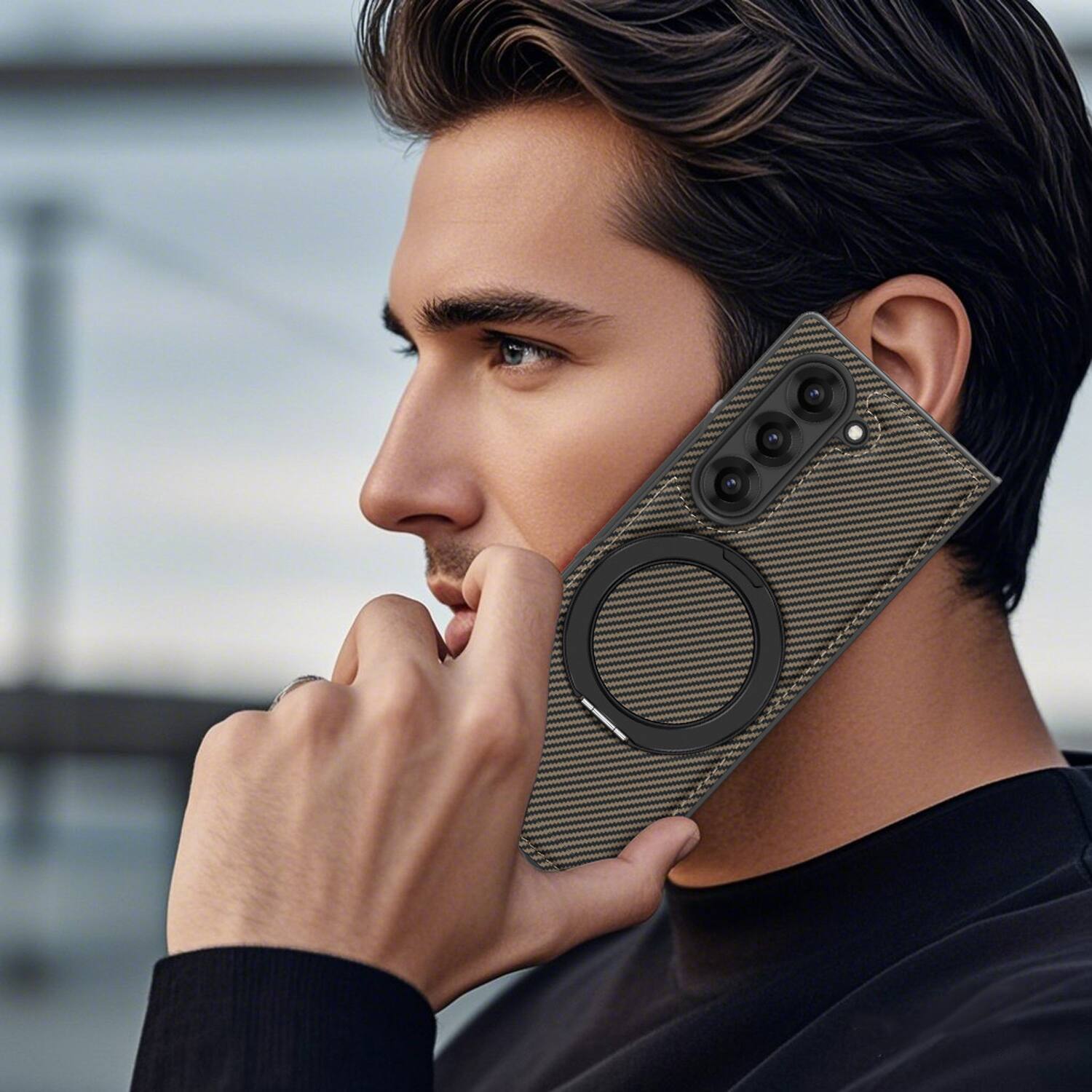 Alt View 3. Dteck - Magnetic Case for Samsung Galaxy Z Fold6,Shockproof Hard PC Back Cover,Rugged Phone Cover with Rotatable Metal Kickstand - Coffee.
