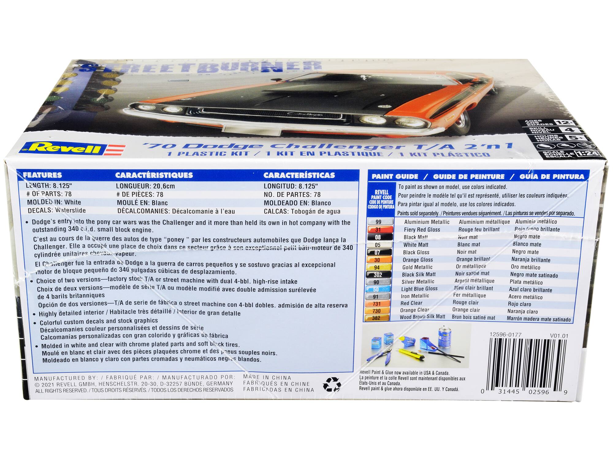 Revell 70 Dodge Challenger T/A 2m1 PLASTIC KIT KIT PLASTIQUE KIT PLASTICO

FEATURES CARACTÉRISTIQUES CARACTERÍSTICAS

LENGTH: 8.125" LONGUEUR: 20.6cm LONGITUD: 8.125"

PARTS: 78 PIECES: 78 PARTES: 78

MOLDED IN: White MOULÉ EN: Blanc MOLDEADO EN: Blanco

DECALS: Waterslide DECALCOMANIES: Decalcomanie l'eau CALCAS: Tobogán de agua

- Dodge's entry into the pony car wars was the Challenger and it more than held its own in hot company with the outstanding 340 c.i. d. small block engine. C'est au cours de la guerre des autos de type "pony" que Dodge lança la Challenger. Elle a occupé une place de choix dans ce secteur grâce à son exceptionnel petit bloc moteur de 340 c.i. d. - El Challenger fue la entrada de Dodge a la guerra de carros con un pequeño bloque de 340 pul
