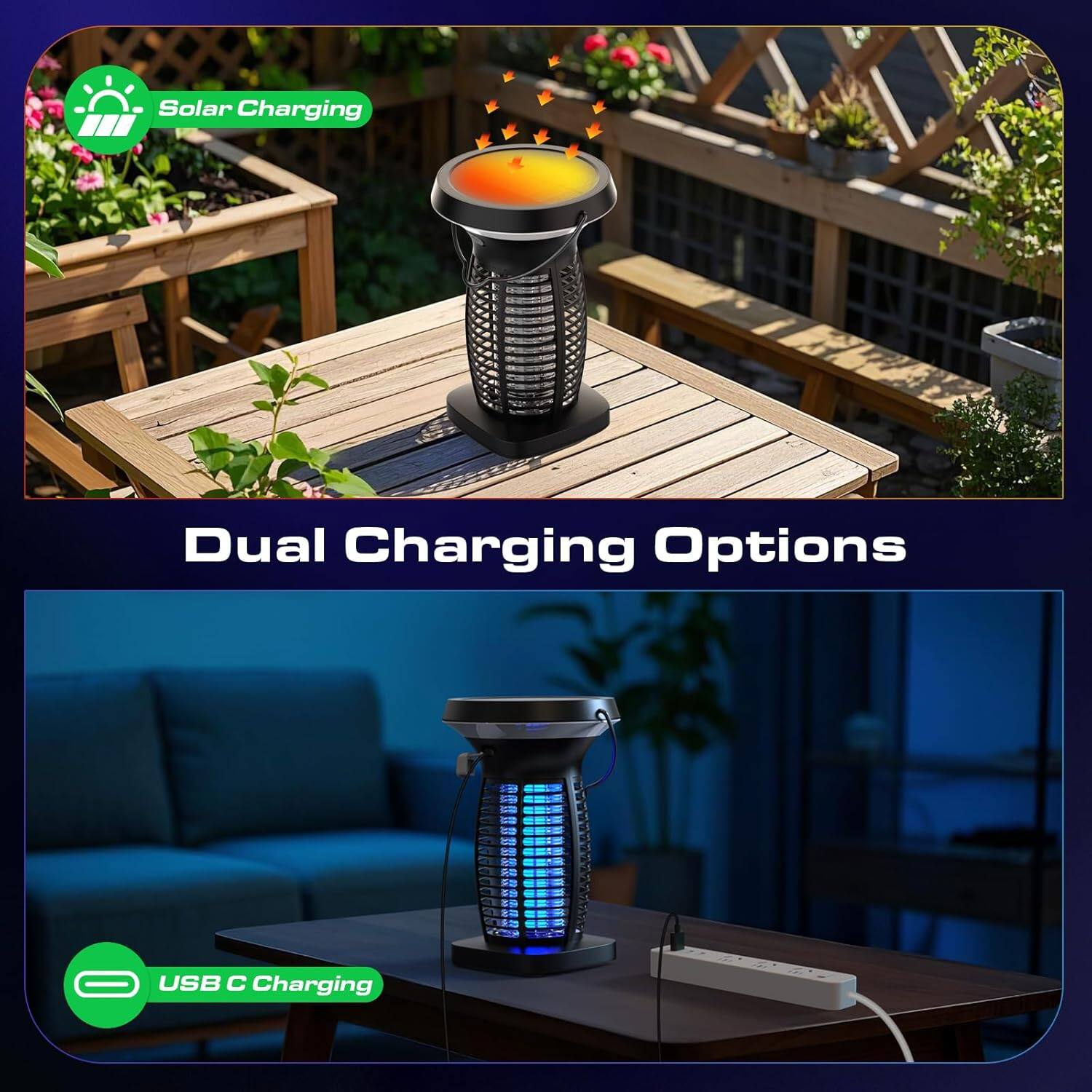 Solar Charging  
Dual Charging Options  
USB C Charging