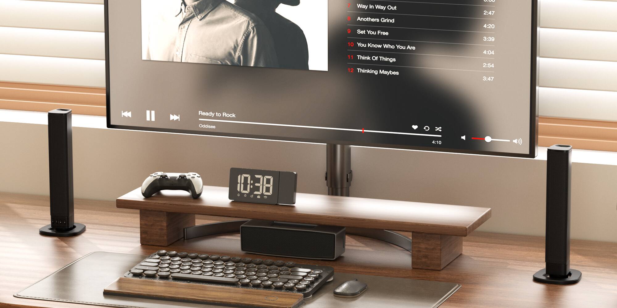 Sure, here is the corrected and grouped text:

---

**Track List:**

1. Way In Way Out - 2:47  
2. Another Grind - 4:20  
3. Set You Free - 3:39  
4. You Know Who You Are - 4:04  
5. Think Of Things - 2:54  
6. Thinking Maybes - 3:47  

**Album: Ready to Rock**  
**Artist: Oddisee**  

**Current Track:** Ready to Rock  
**Duration:** 4:10  
**Elapsed Time:** 0:26  

**Time Display:** 10:38  

---