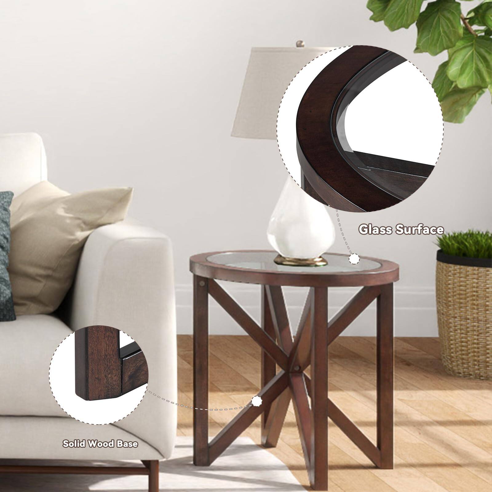 Glass Surface  
Solid Wood Base