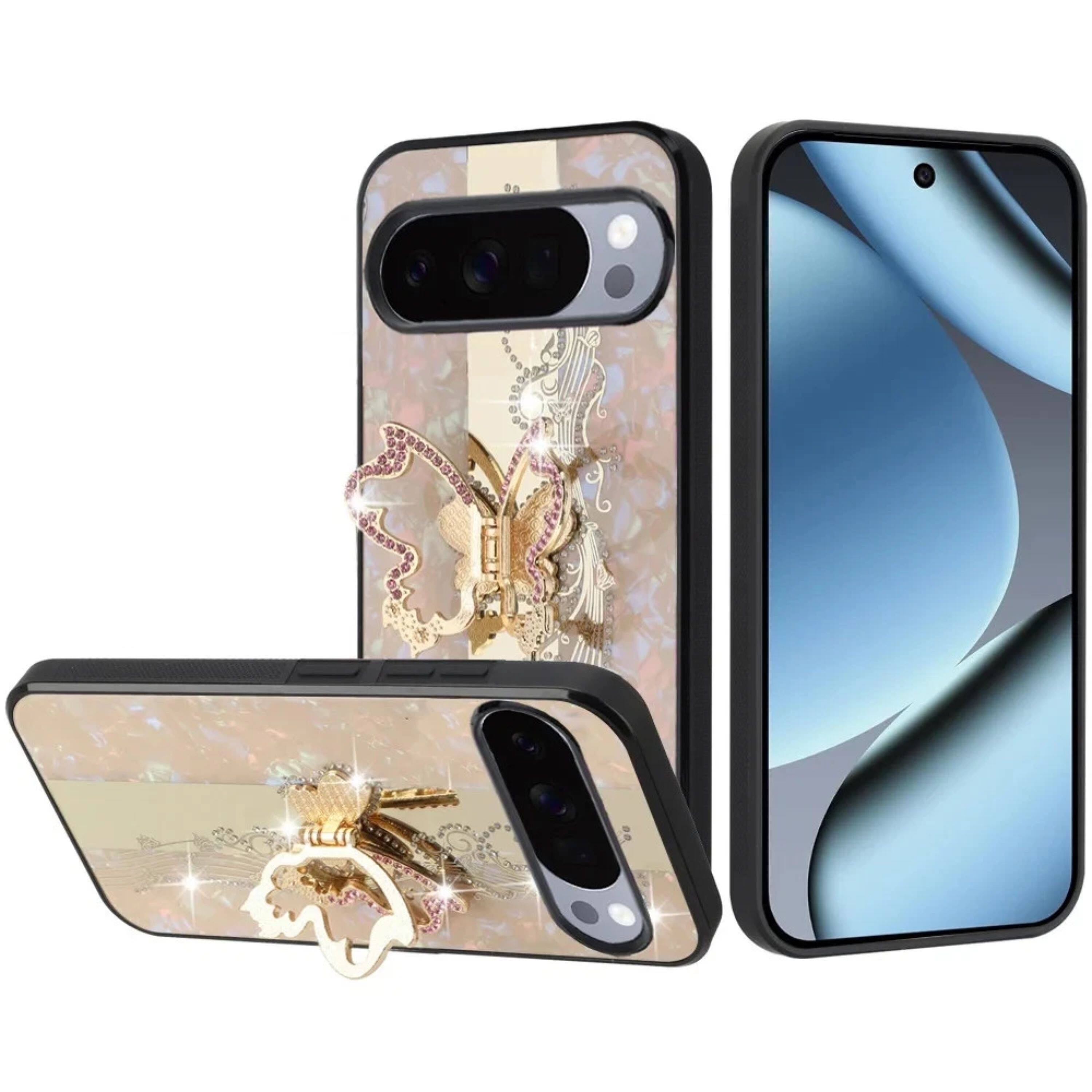 Front. Kitcheniva - Rhinestone Bling Decor Glitter Plus Tempered Glass For Google Pixel 11 Pro XL Enchanted Butterfly Gold - Gold.