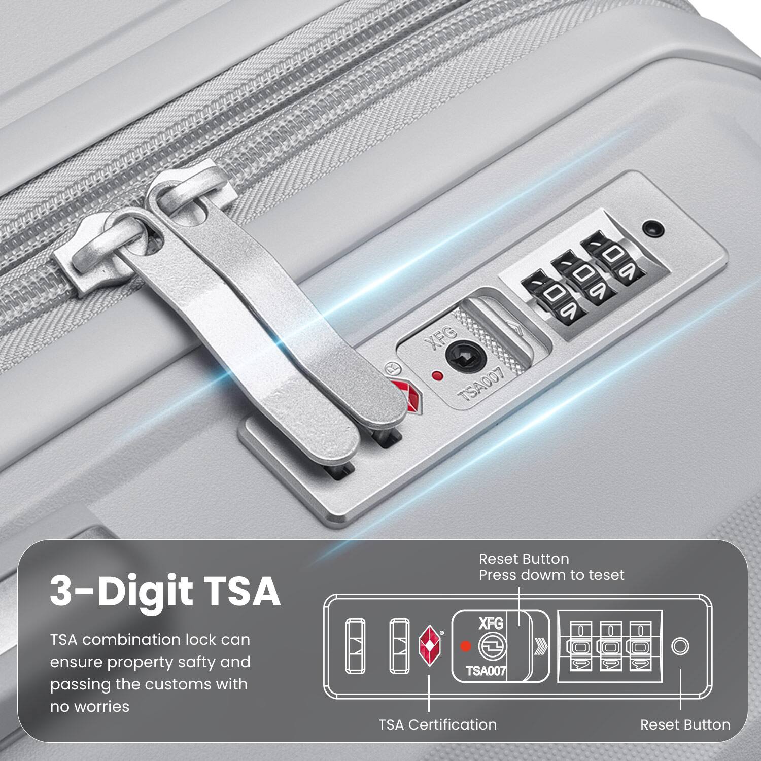 L XFG TSA007 007 1 / 0 / 0 0 V V

3-Digit TSA combination lock can ensure property safety and passing the customs with no worries

Reset Button Press down to reset

TSA007

TSA Certification

Reset Button