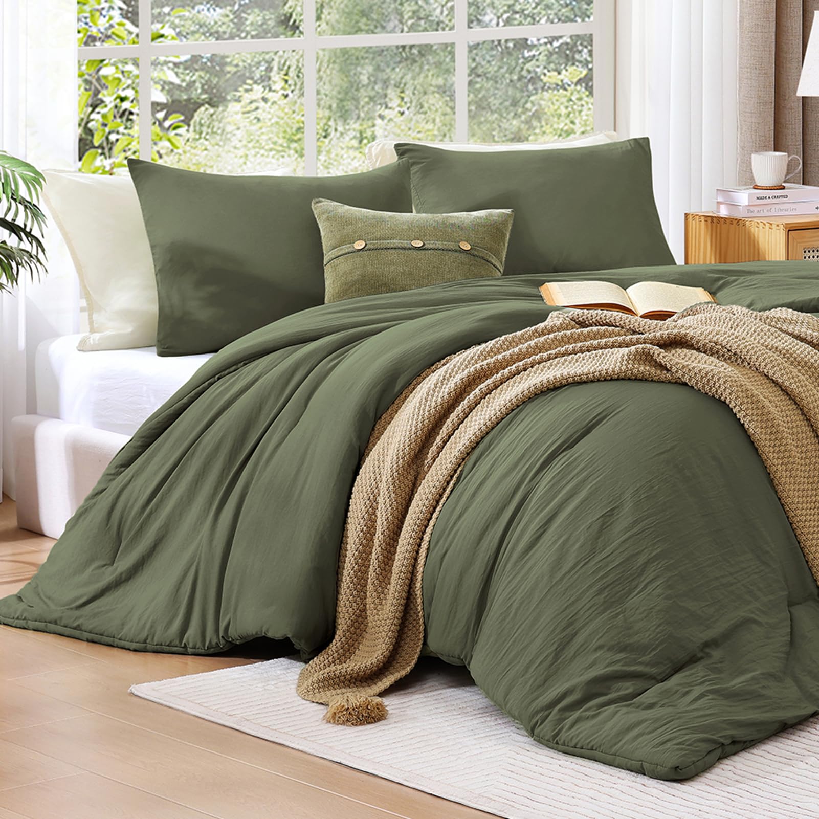 Alt View 2. Dazzed Corner - Queen Comforter Set - 3 Pieces Comforter Prewashed Soft Lightweight for All Seasons - Olive Green.