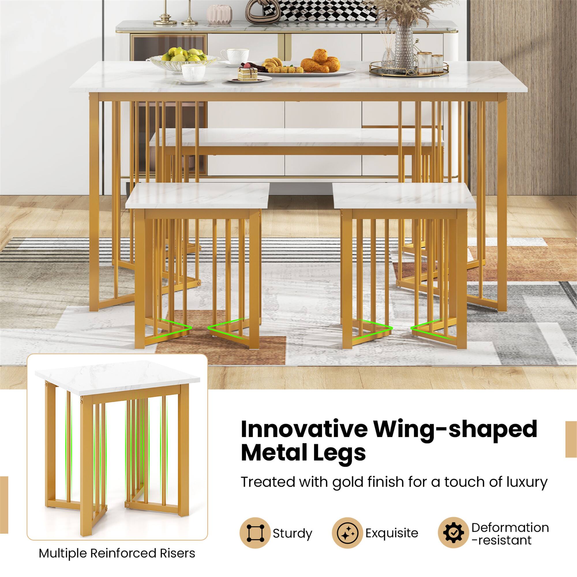 Innovative Wing-shaped Metal Legs  
Treated with gold finish for a touch of luxury  

Multiple Reinforced Risers  

Sturdy  
Exquisite  
Deformation-resistant