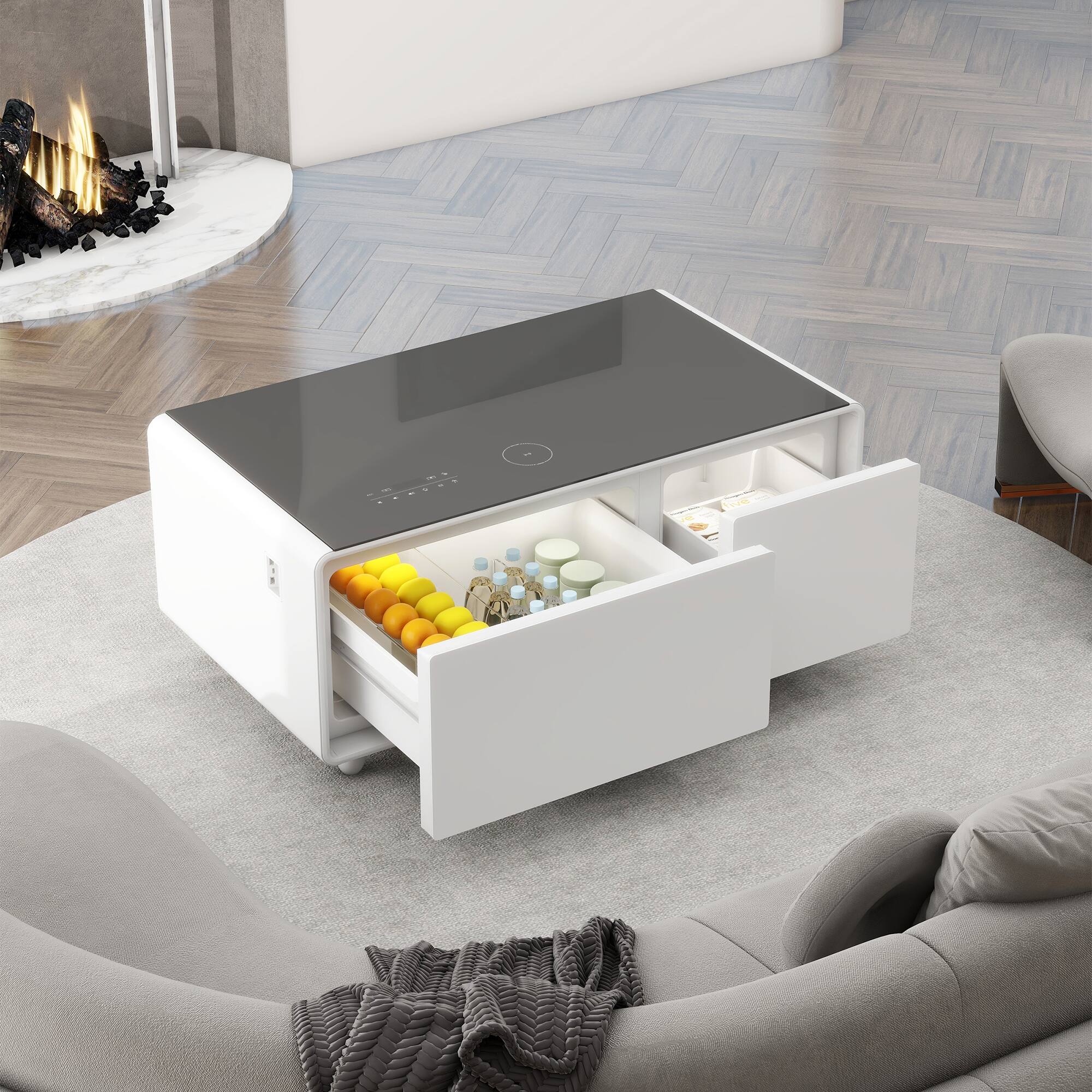 Angle. TinyHomie - Modern Smart Coffee Table Built In Fridge Freezer Bluetooth Wireless Charging Usb White - White.