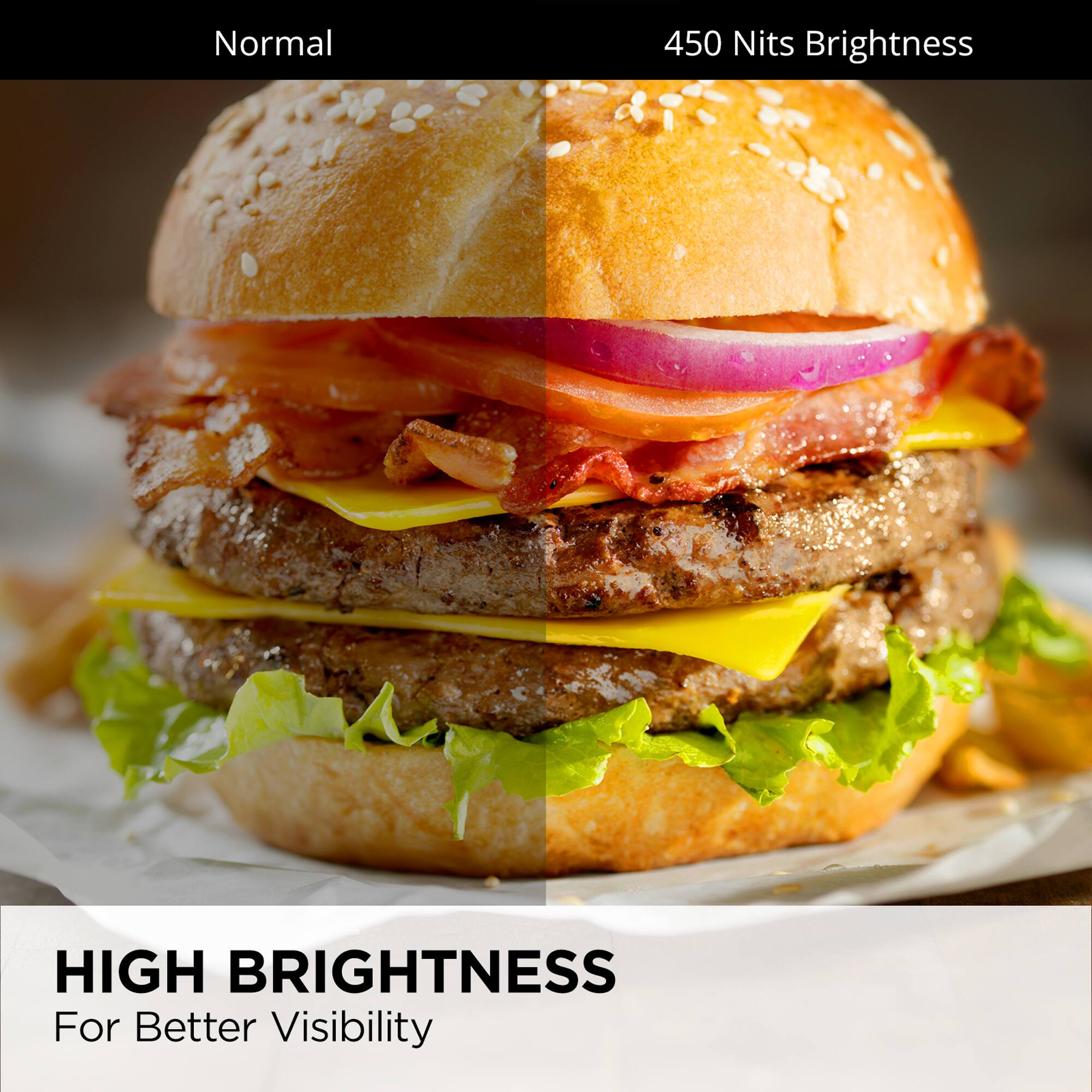 Normal  
450 Nits Brightness  

HIGH BRIGHTNESS  
For Better Visibility