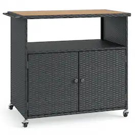Costway - Outdoor Storage Cabinet with Acacia Wood Top 2 Doors Buffet Cabinet Sideboard - Black