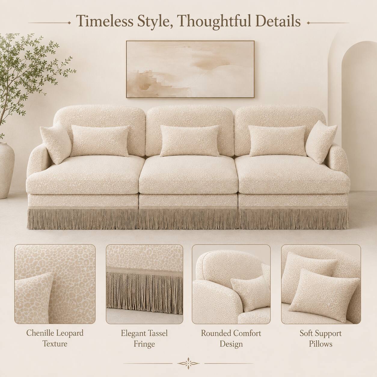 Timeless Style, Thoughtful Details

Chenille Leopard Texture
Elegant Tassel Fringe
Rounded Comfort Design
Soft Support Pillows