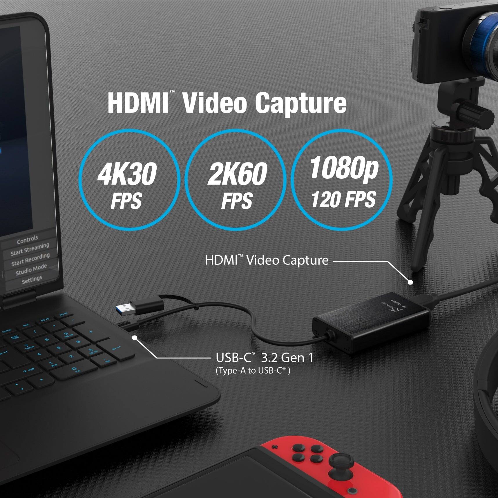 HDMI Video Capture  
4K30 FPS  
2K60 FPS  
1080p 120 FPS  

Controls:  
- Start Streaming  
- Start Recording  
- Studio Mode  
- Settings  

HDMI Video Capture USB-C 3.2 Gen 1 (Type-A to USB-C)