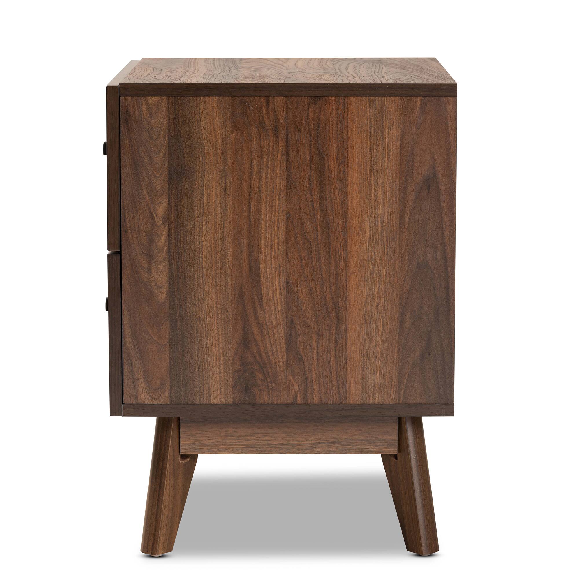 Back. Baxton Studio - Hartman Mid-Century Modern Finished Wood 2-Drawer Nightstand - Walnut Brown.