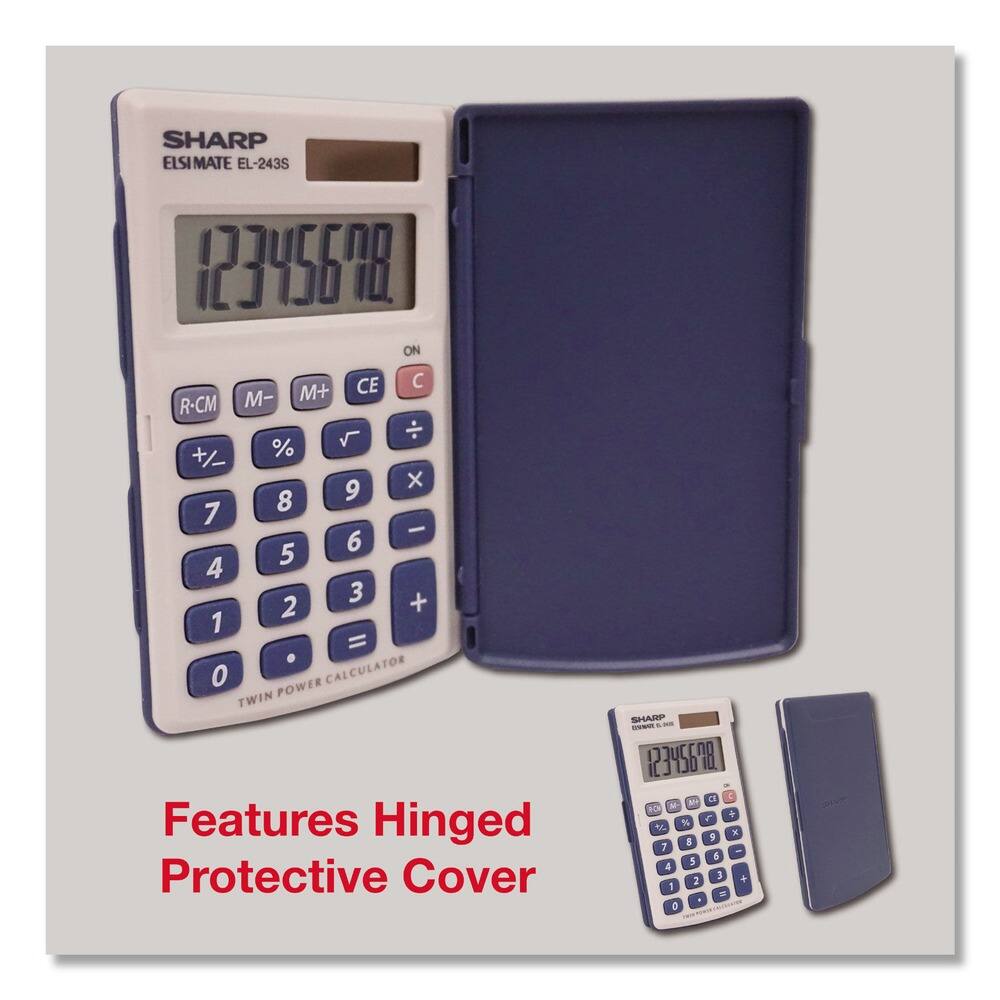 SHARP EL-SIMATE EL-243S  
12345678  
ON  
R-CM M- M+ CE C  
+/− % √ ÷  
8 9 7 6 5 4 3 2 1 0  
× − + = .  
TWIN POWER CALCULATOR  

Features Hinged Protective Cover
