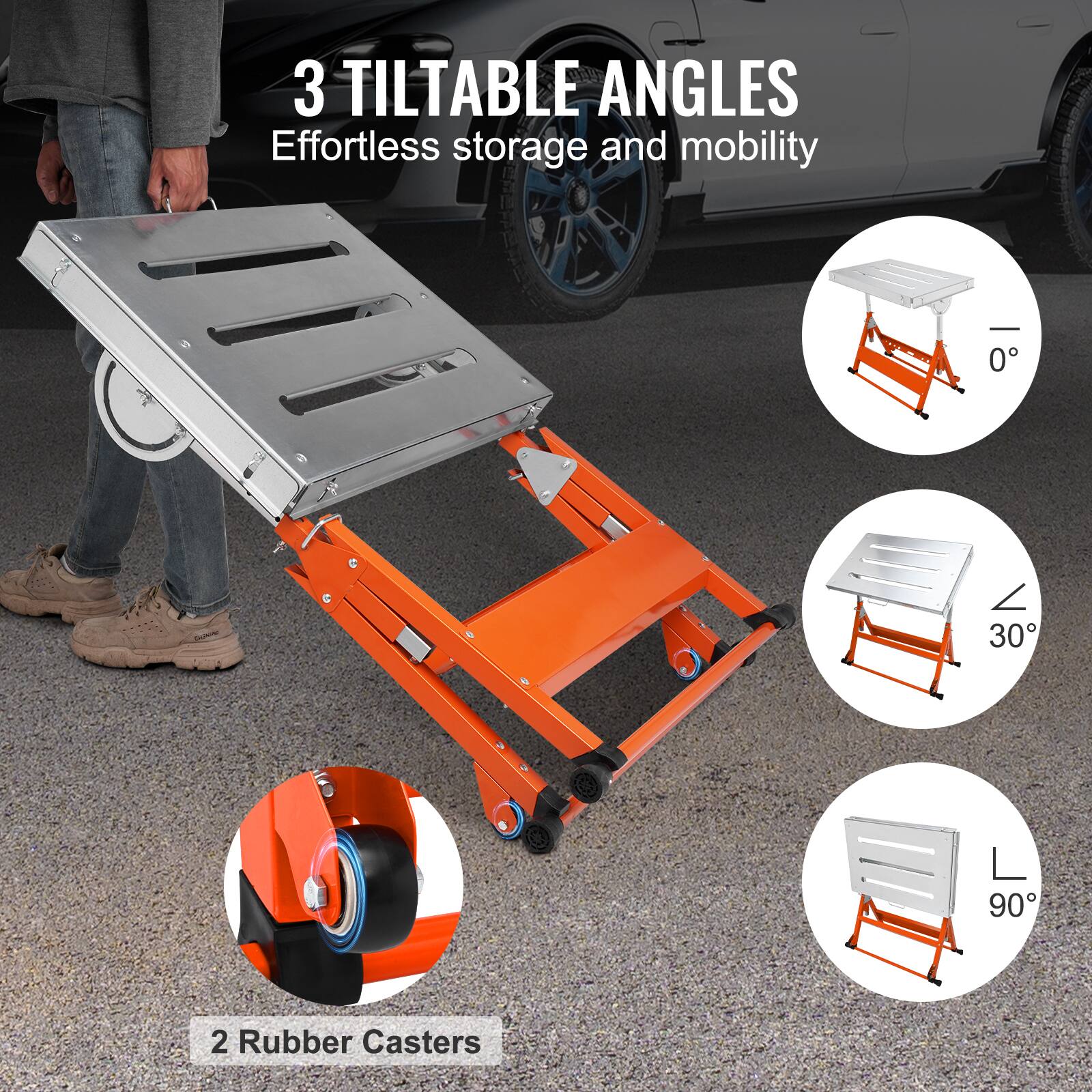 3 TILT TABLE ANGLES  
Effortless storage and mobility  

0°  
30°  
90°  

2 Rubber Casters