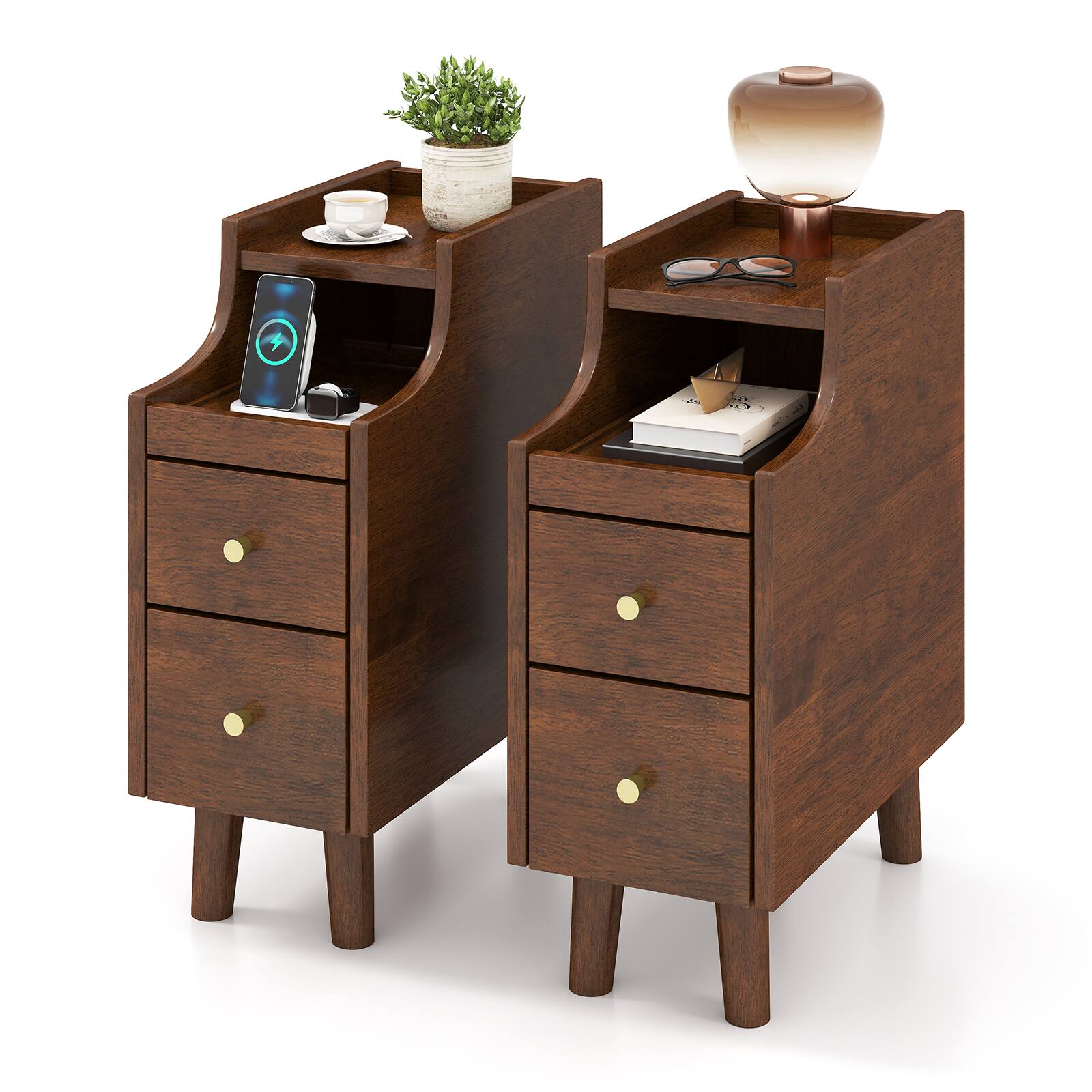 Gymax - 2PCS Solid Wood End Table w/Pull-out Tray & 2 Storage Drawers Cable Management - Brown