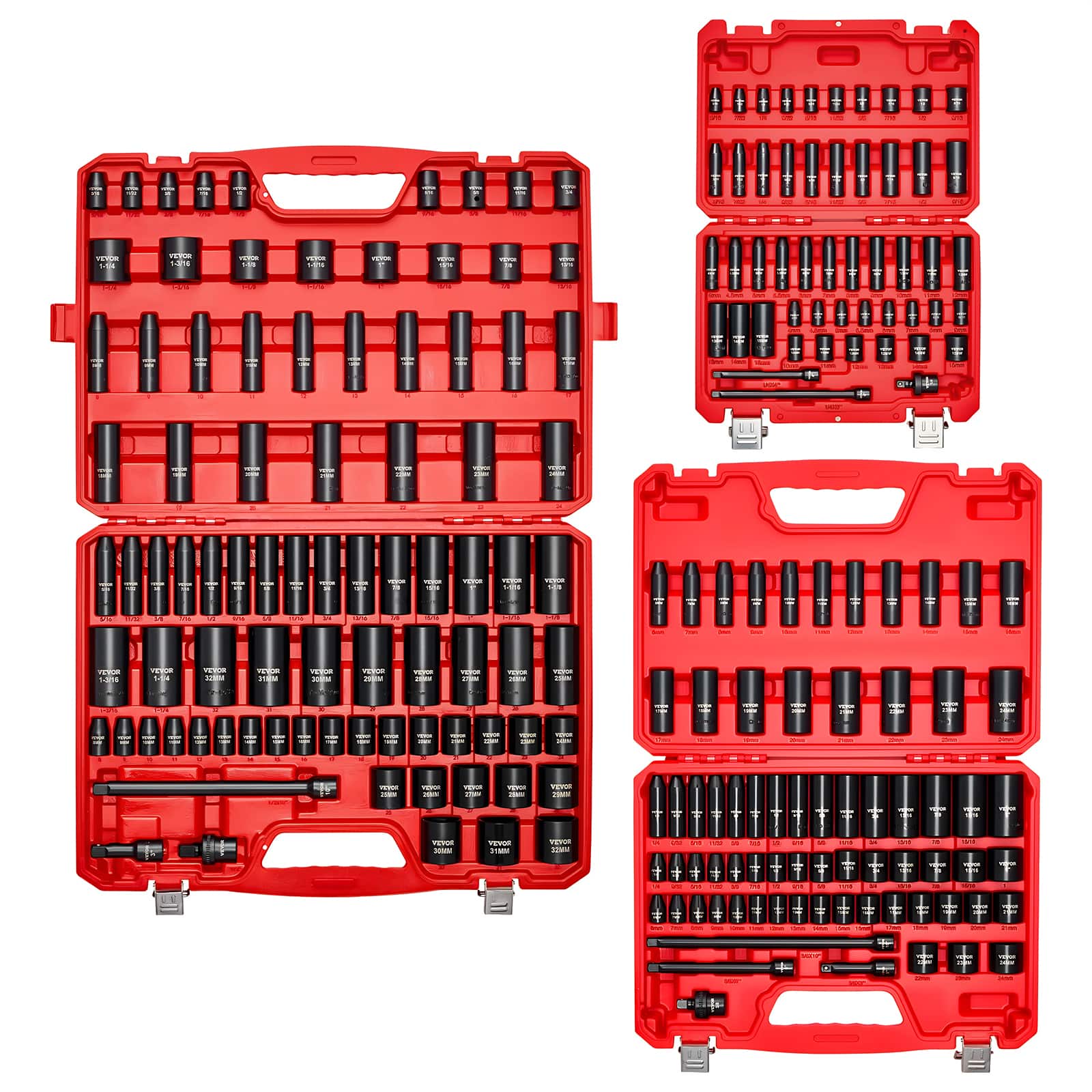 VEVOR - 210 Piece Drive Impact Socket Set, 1/4, 3/8, 1/2 Inch, 6 Point Deep & Shallow Impact Sockets, SAE (3/16 to 1-1/4 in) - Red