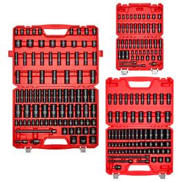 VEVOR - 210 Piece Drive Impact Socket Set, 1/4, 3/8, 1/2 Inch, 6 Point Deep & Shallow Impact Sockets, SAE (3/16 to 1-1/4 in) - Red