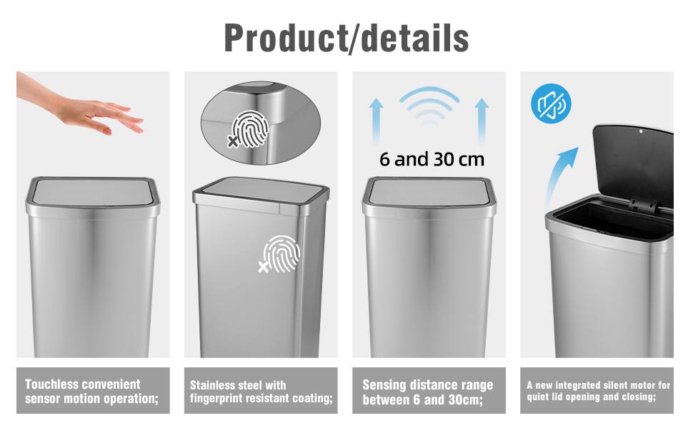 Product/details
Touchless convenient sensor motion operation;
Stainless steel with fingerprint resistant coating;
Sensing distance range between 6 and 30cm;
A new integrated silent motor for quiet lid opening and closing;