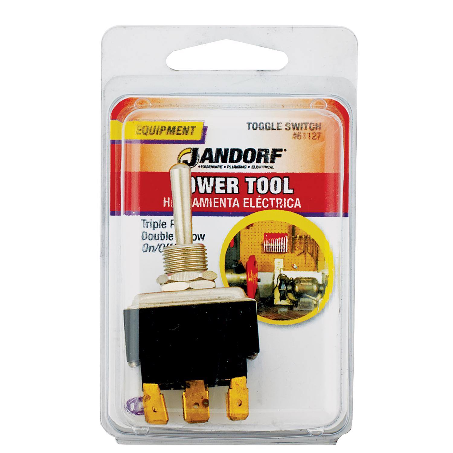 EQUIPMENT TOGGLE SWITCH #61127  
JANDORF PARCWARE + PLUMBING + ELECTRICAL  
POWER TOOL  
HERRAMIENTA ELÉCTRICA  
Triple F  
Double Pole  
On/Off