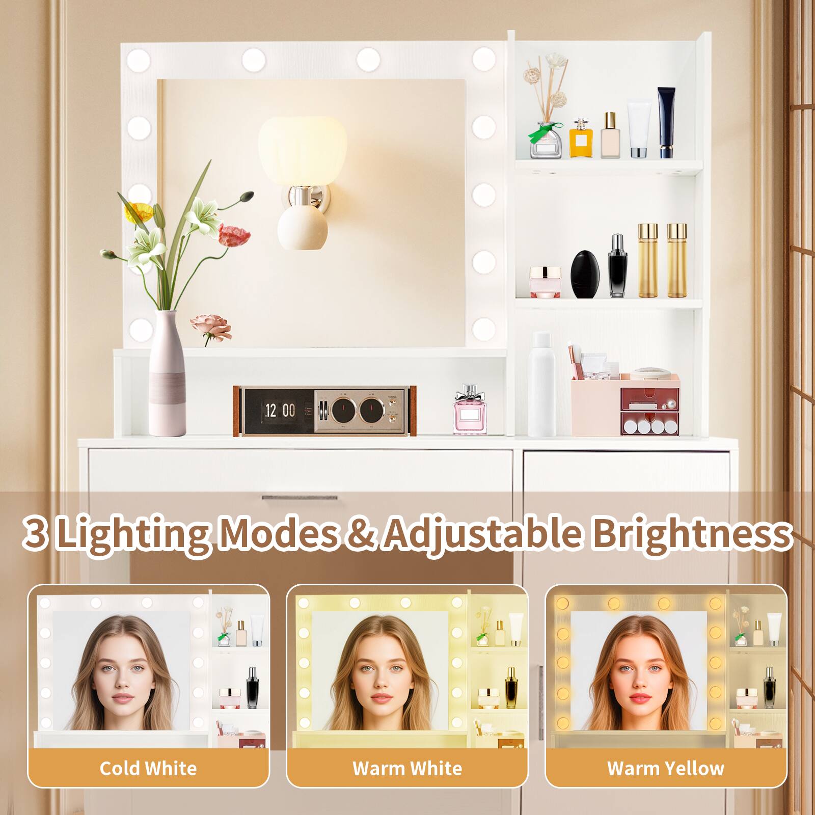 3 Lighting Modes & Adjustable Brightness

Cold White

Warm White

Warm Yellow