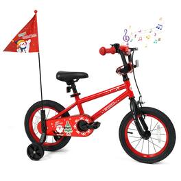 Costway - 14" Kids Bicycle with Training Wheels, Handbrake & Coaster Brake, Flag & Music - Red
